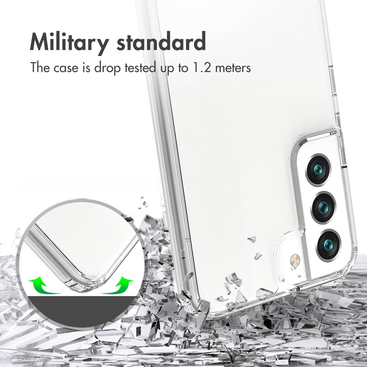Coque de téléphone transparente norme militaire, résistante aux chutes jusqu'à 1,2 mètre sur fond de verre brisé.