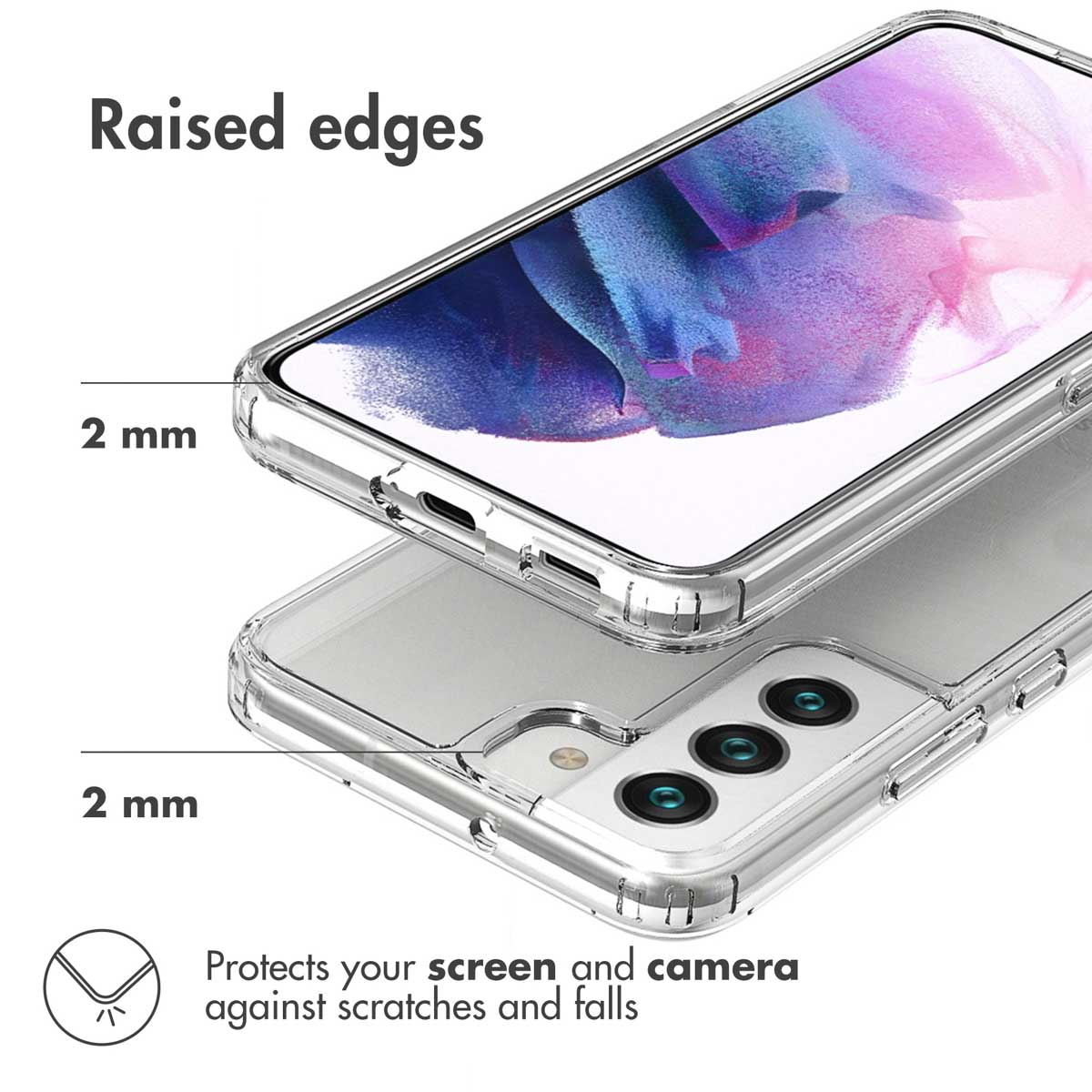 Un smartphone dans une coque transparente montre des bords surélevés de 2 mm pour protéger l'écran et l'appareil.