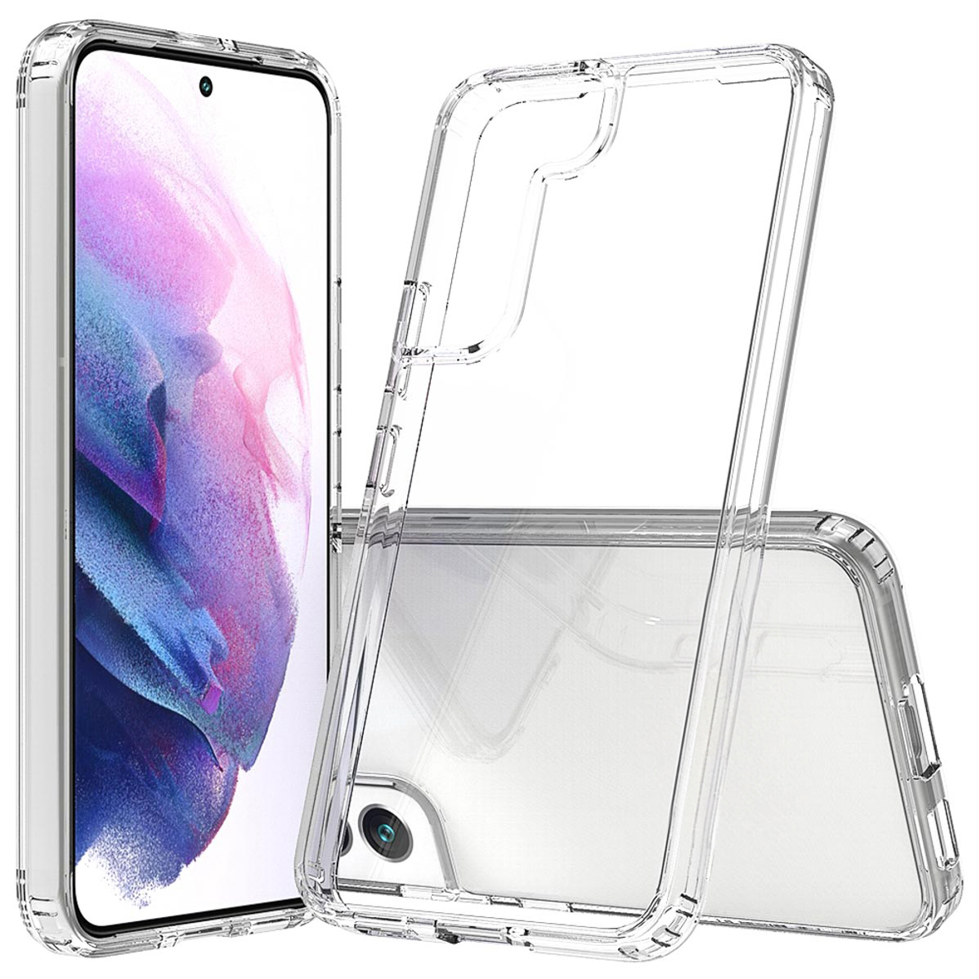 Un smartphone dans une coque transparente avec une autre coque en premier plan sur fond blanc.