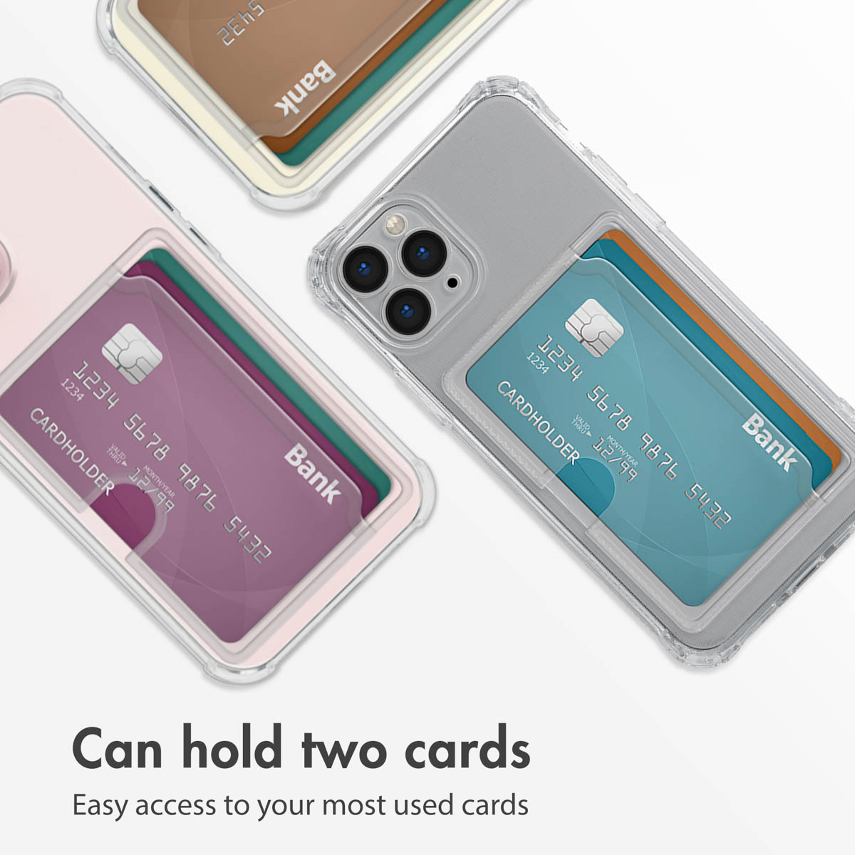 Tre smartphone con custodie trasparenti che contengono ciascuno due carte nella tasca posteriore.