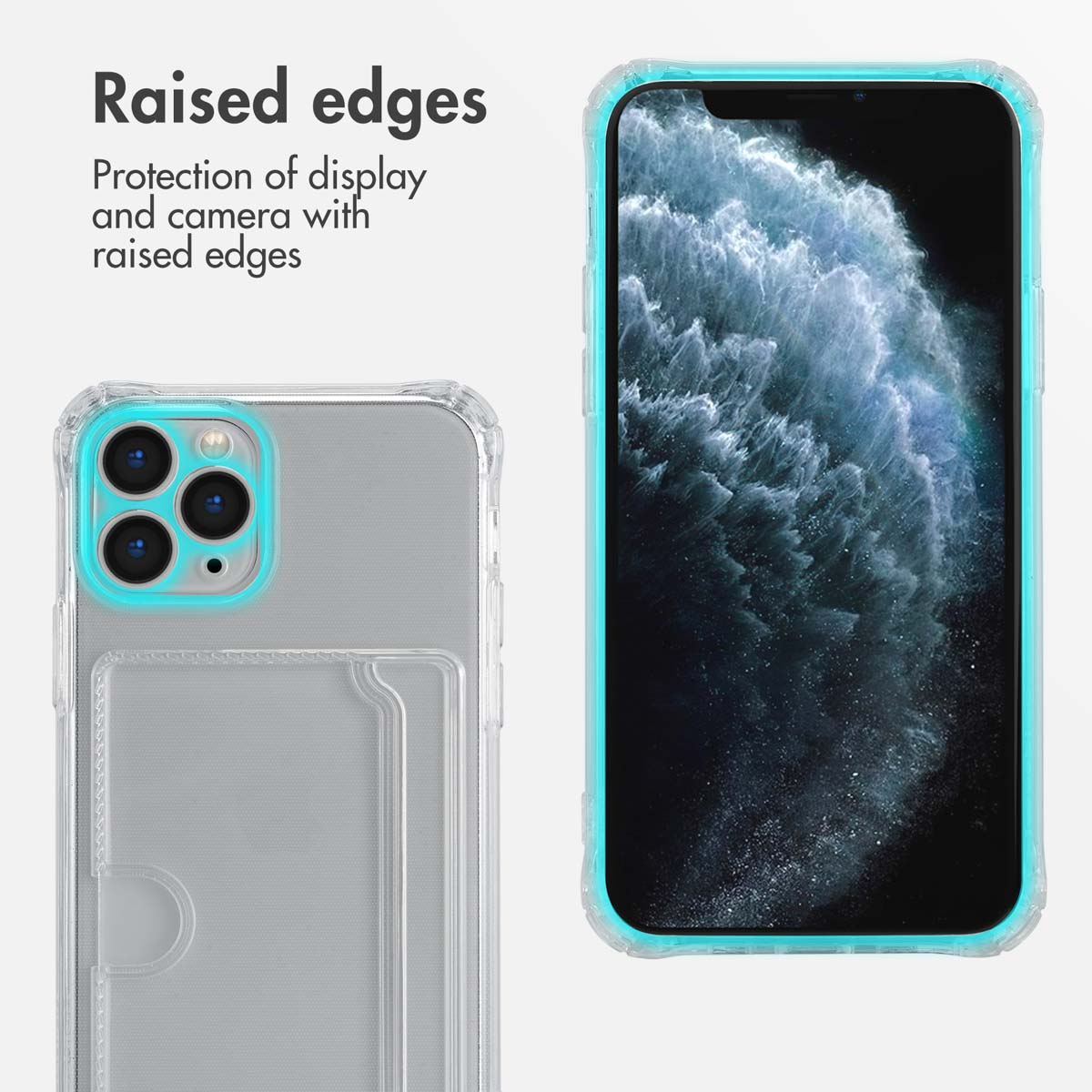 Uno smartphone in custodia trasparente con bordi rialzati per proteggere schermo e fotocamera, evidenziati in ciano.