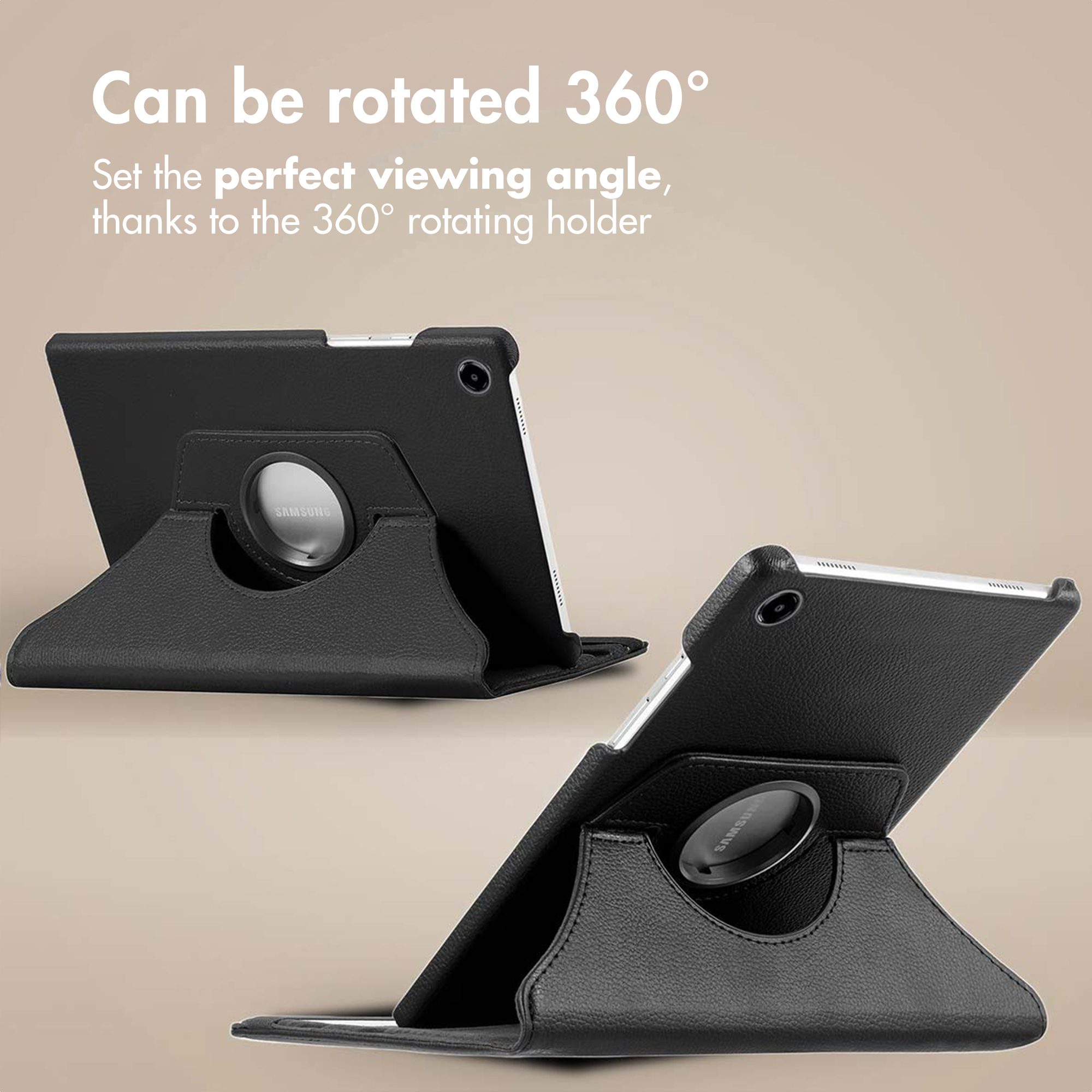 Due custodie nere per tablet con supporto girevole a 360 gradi su sfondo beige e testo promozionale.