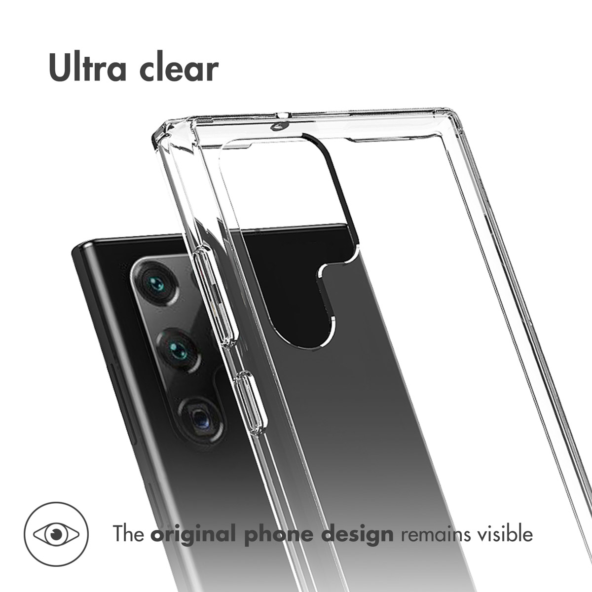 Een helder hoesje is over een zwarte smartphone geplaatst, waardoor het design zichtbaar blijft.