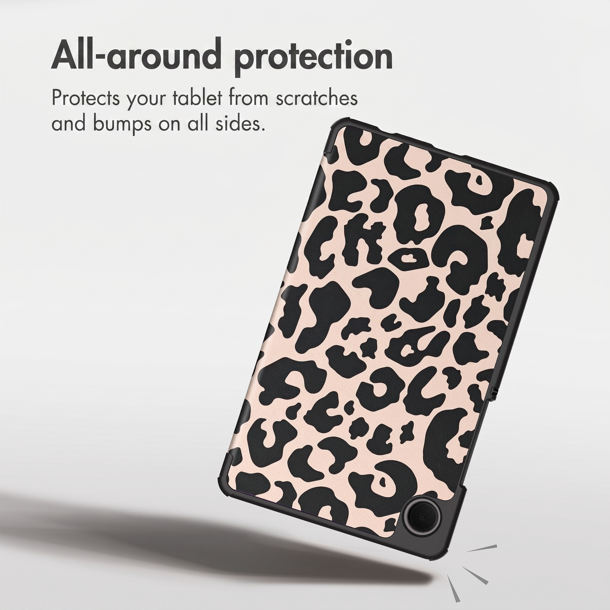 A tablet in a leopard-print case against a white background.