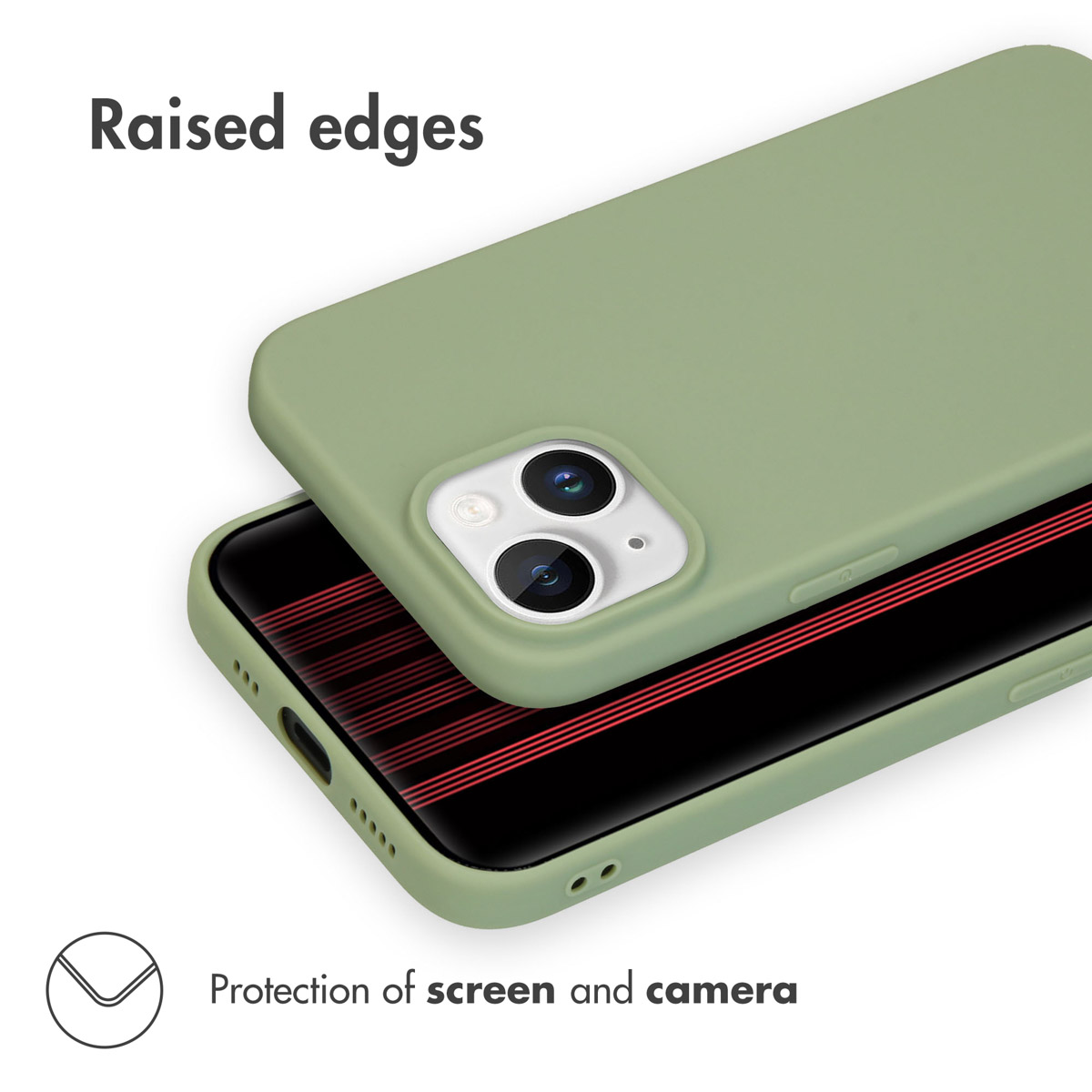 Green phone case on a smartphone, featuring raised edges for screen and camera protection.