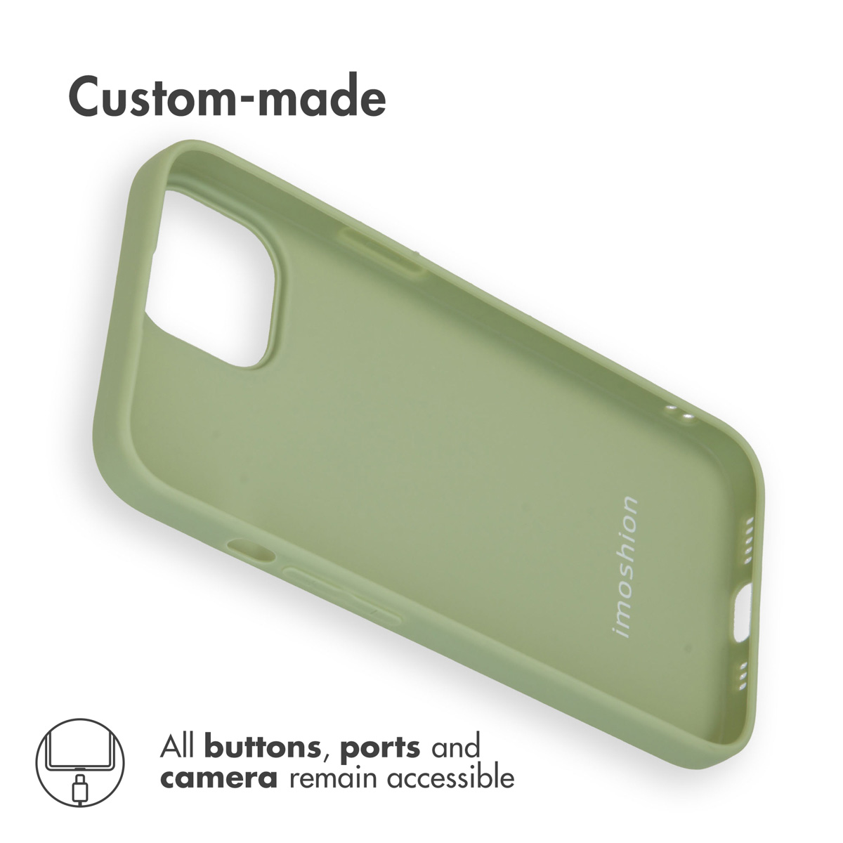 A light green phone case on a white background with text about custom-made design and accessible buttons.