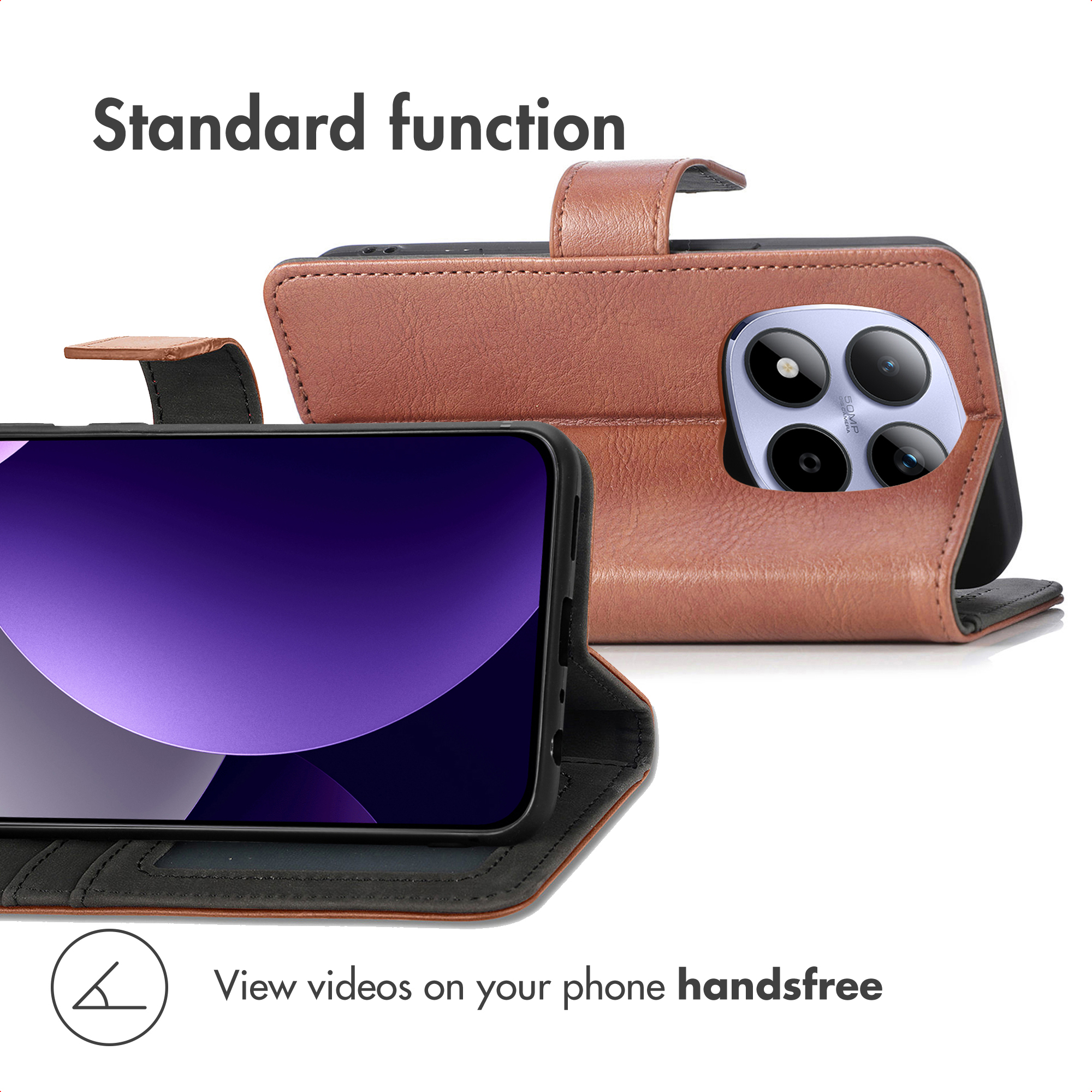 Two brown leather phone cases with a smartphone showing the stand function for hands-free video viewing.