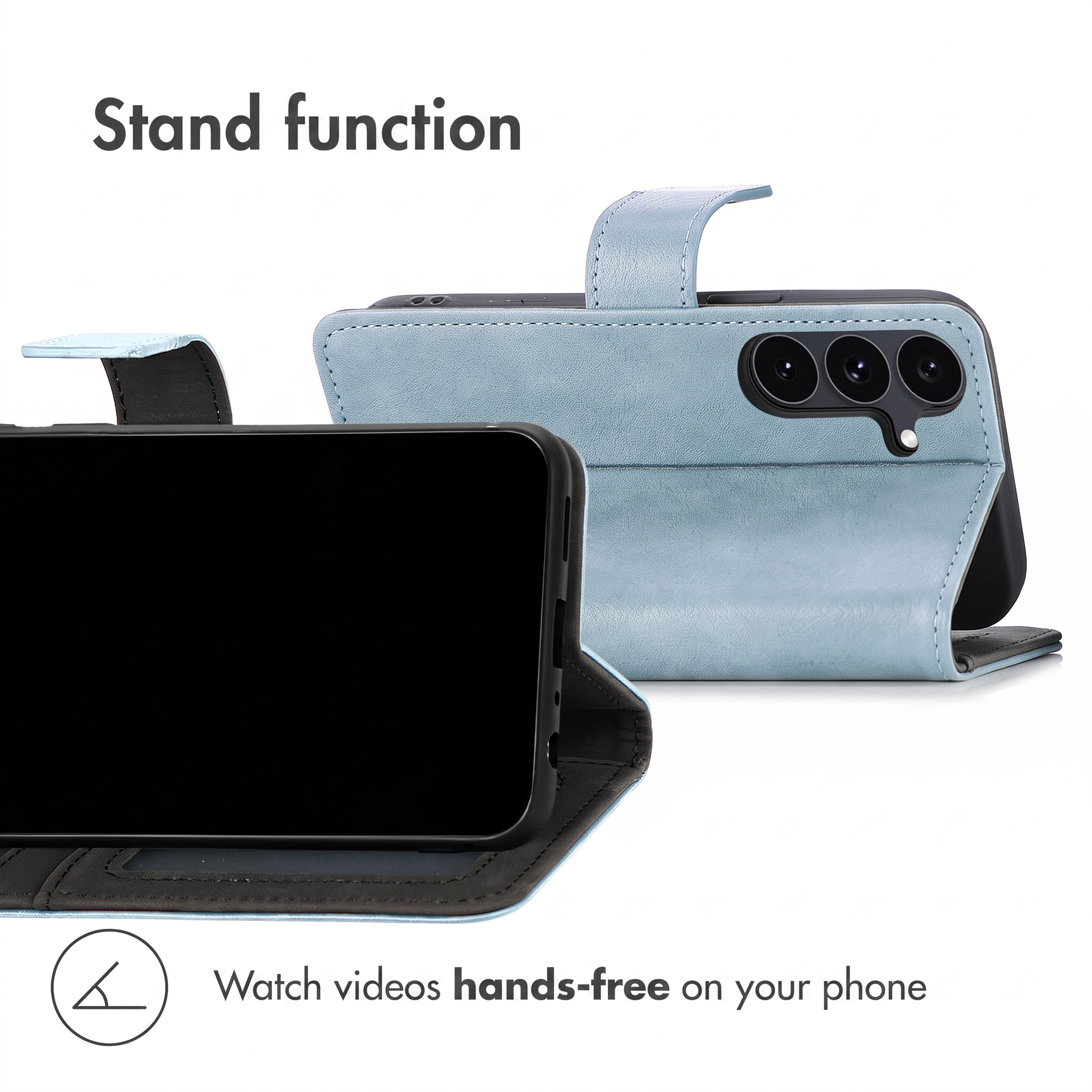 Hellblaue Handyhülle mit Standfunktion für den freihändigen Videogenuss.
