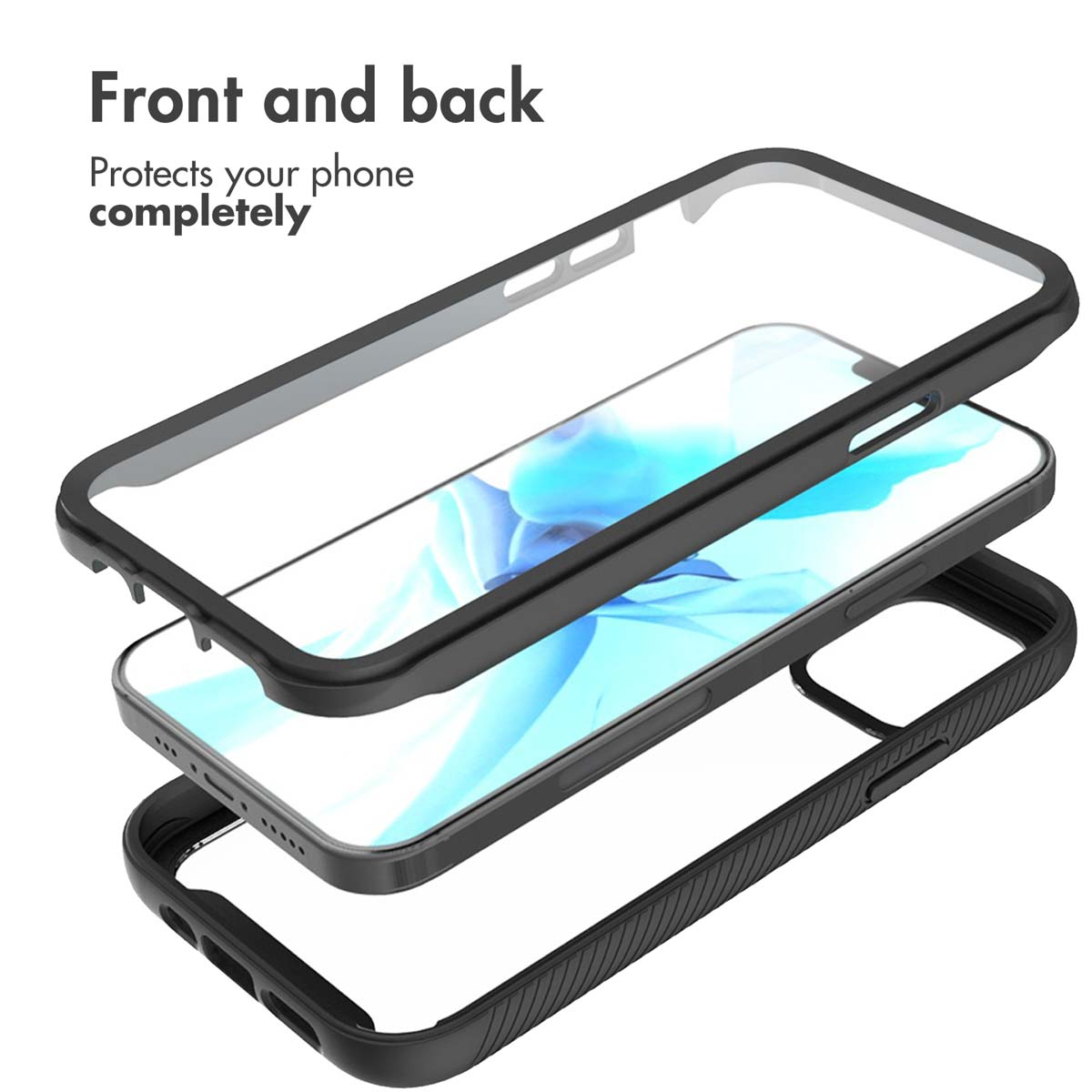 Vista esplosa di una custodia per smartphone che mostra gli strati di protezione anteriore e posteriore.