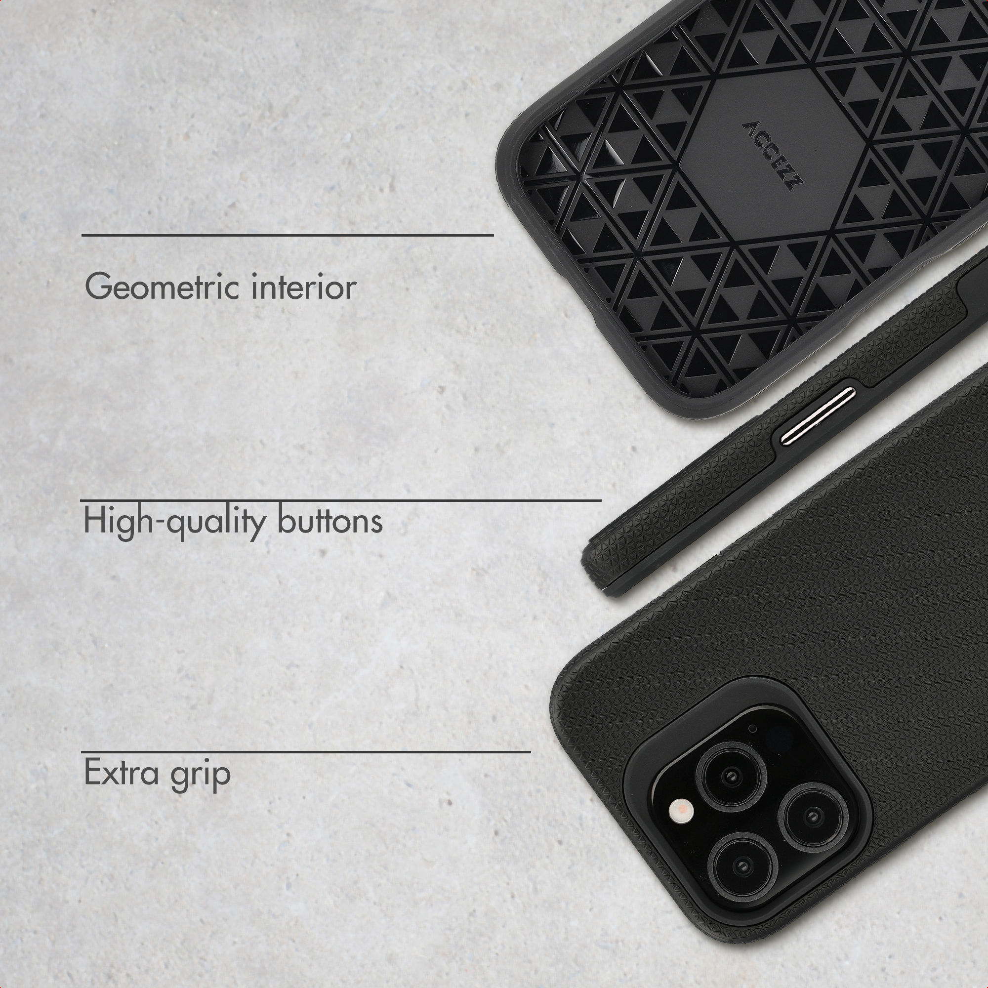 Funda de móvil negra que destaca interior geométrico, botones y textura antideslizante.