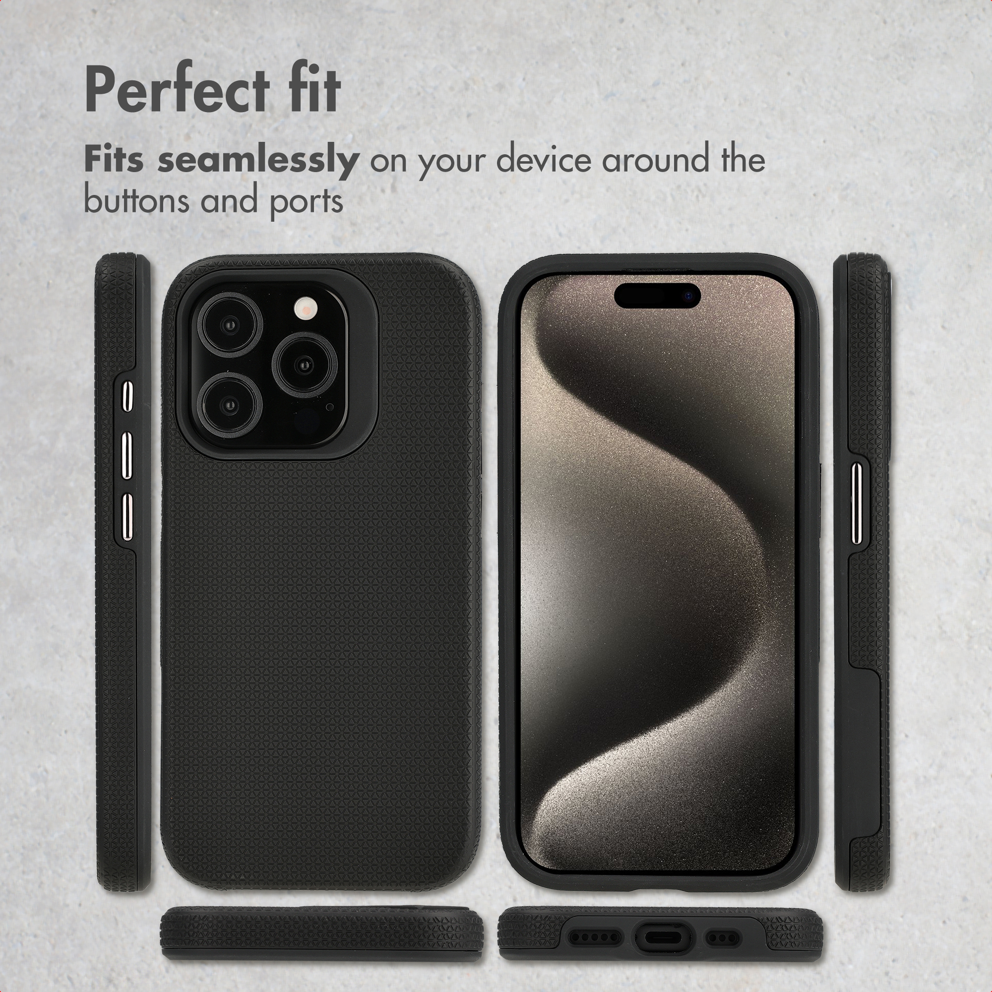 Cuatro vistas de una funda de móvil negra texturizada sobre fondo de hormigón, mostrando frente y laterales.