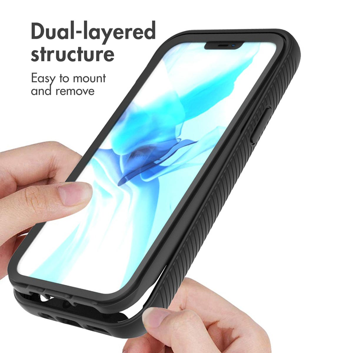 Mani che tengono uno smartphone per mostrarne la struttura a doppio strato.