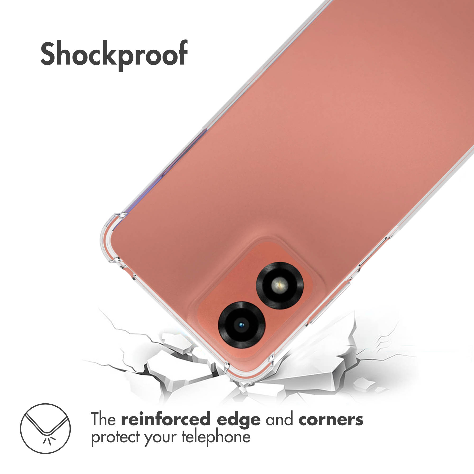 Smartphone oro rosa con custodia protettiva trasparente su sfondo incrinato con testo antiurto.