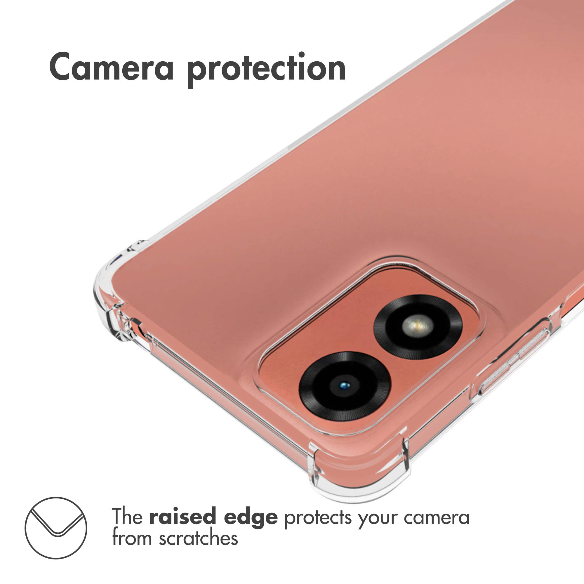 Smartphone oro rosa con custodia trasparente che mostra il bordo rialzato della fotocamera e testo.