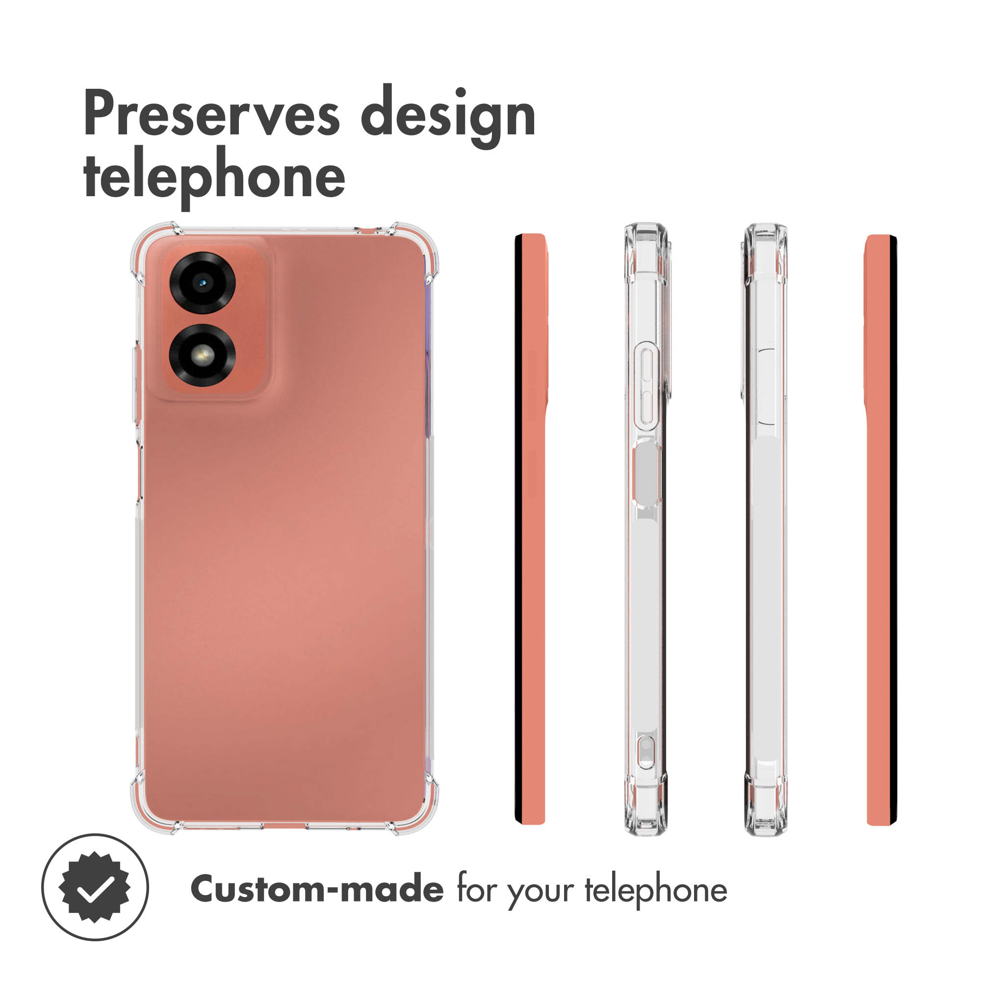 Custodia protettiva trasparente mostrata su uno smartphone rosa da più angolazioni.