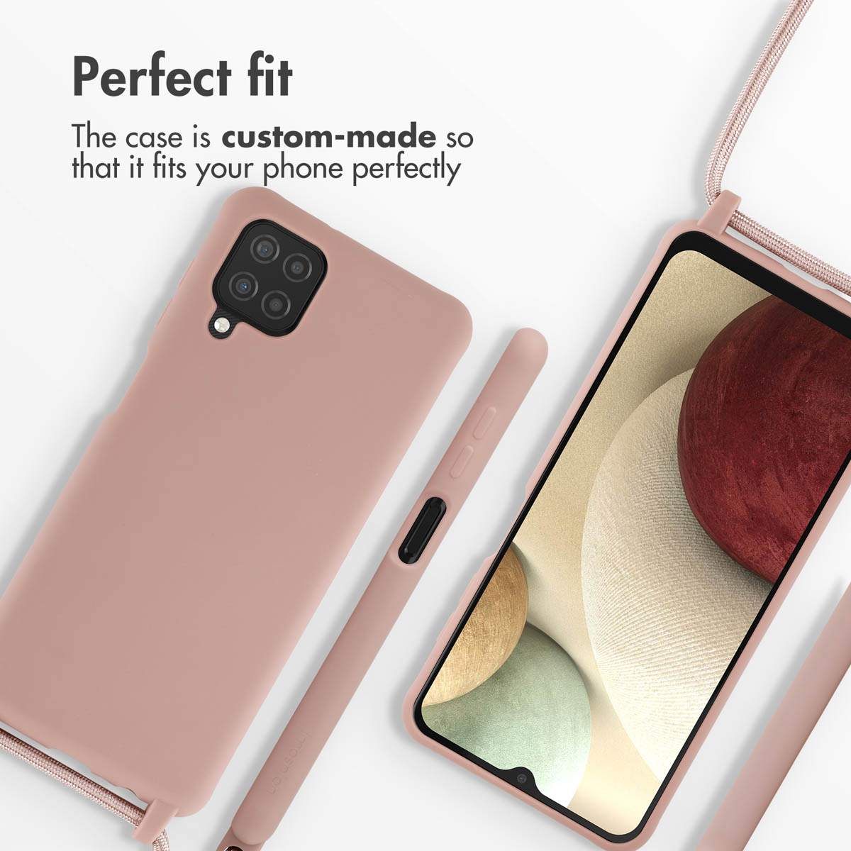 Custodia rosa per cellulare con laccio, fatta su misura per uno smartphone con fotocamere multiple.