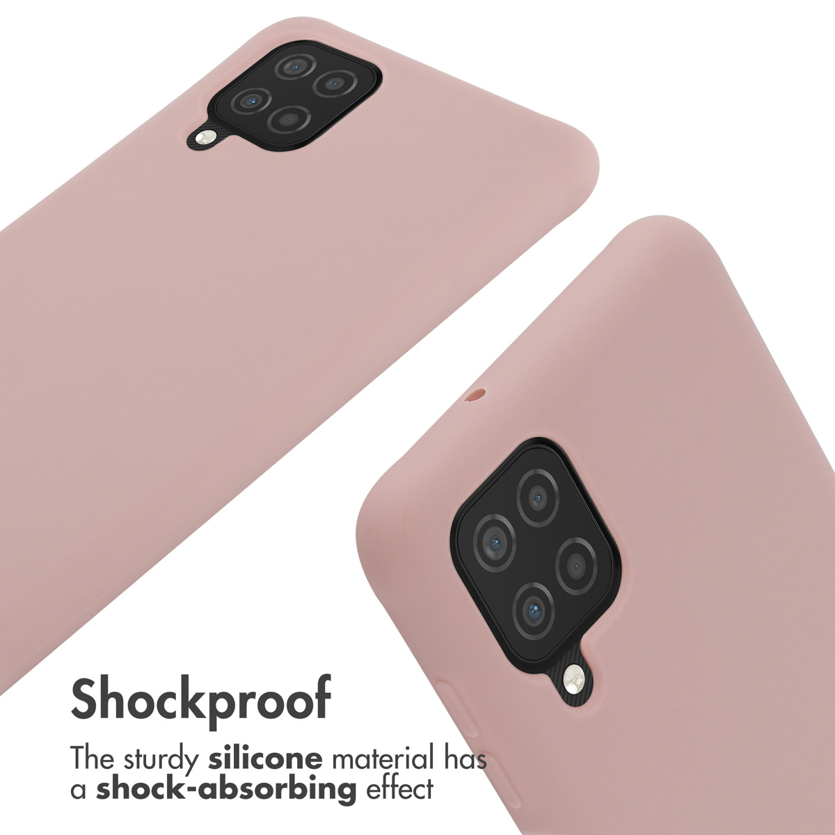 Custodia per telefono in silicone rosa con ritaglio quadrato per fotocamera su sfondo bianco.
