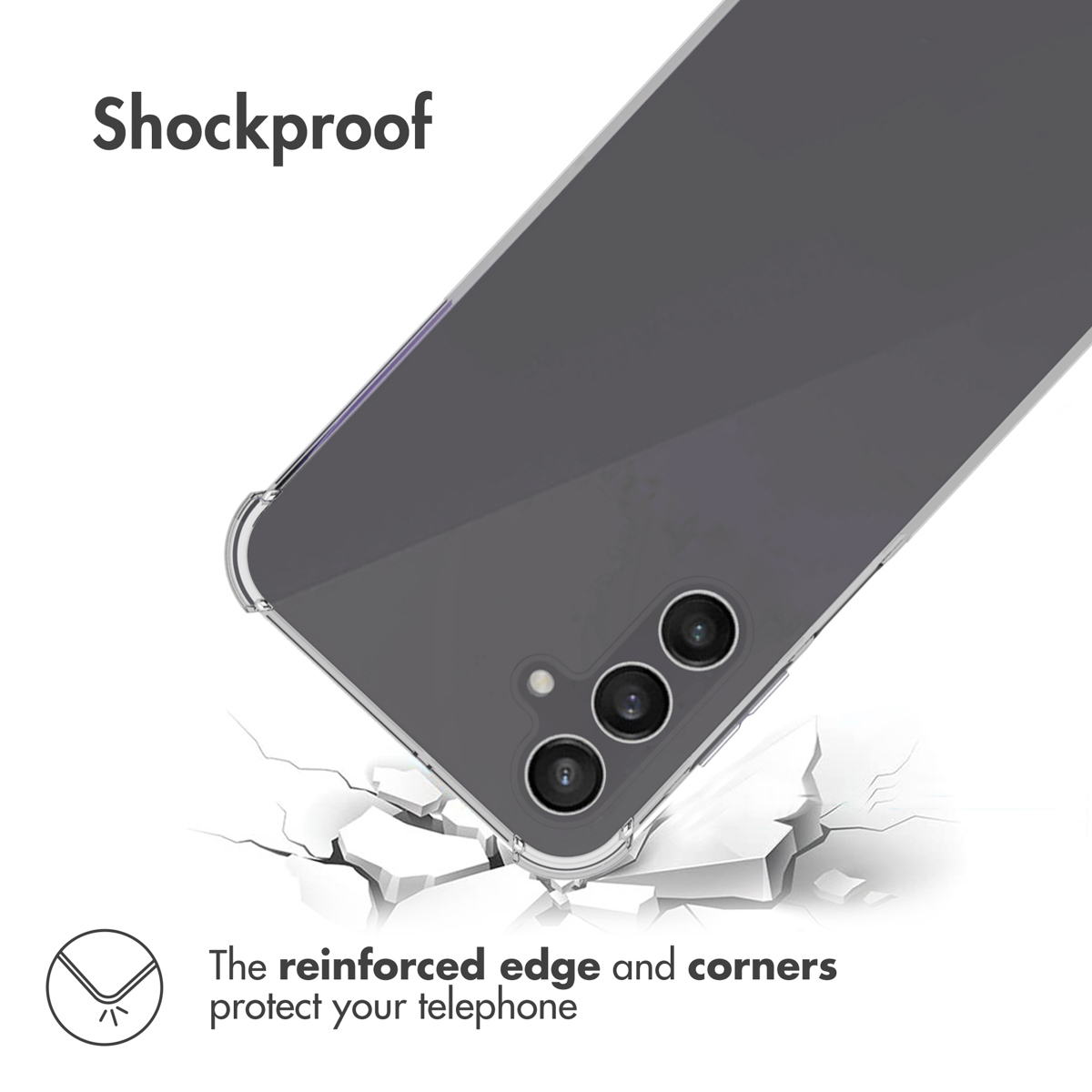 Un teléfono inteligente en una funda transparente y resistente a golpes con esquinas reforzadas sobre una superficie agrietada.