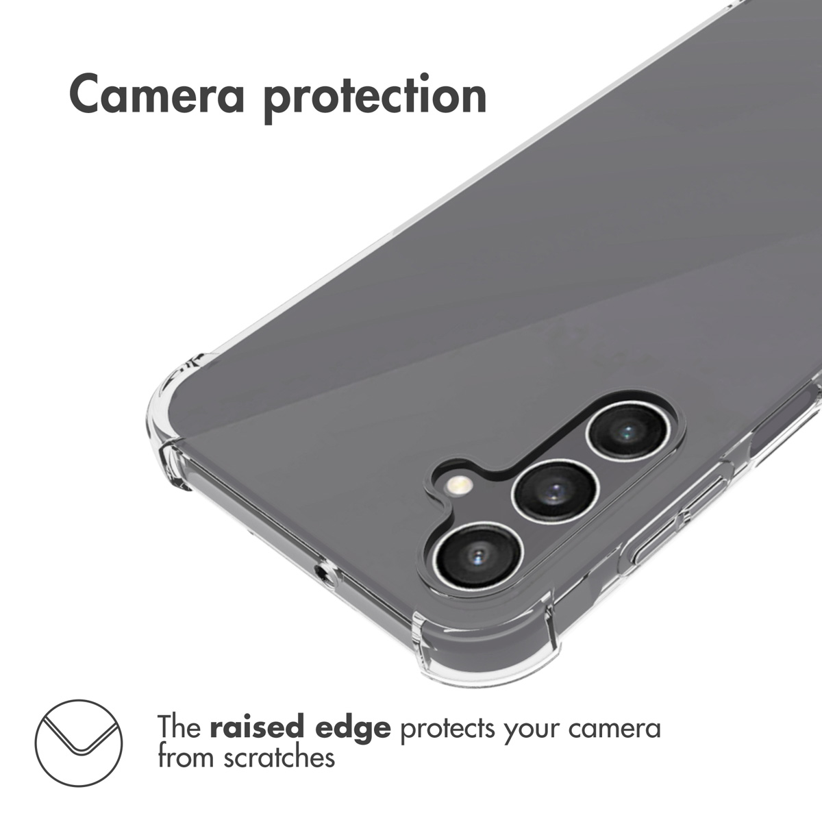 Funda de móvil transparente con borde elevado para proteger la cámara sobre fondo blanco.