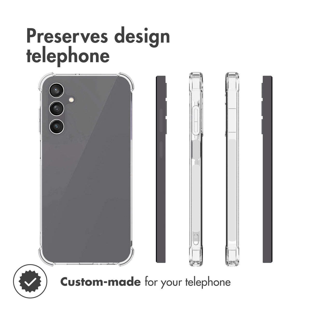 Fundas transparentes para teléfono mostradas desde varios ángulos.