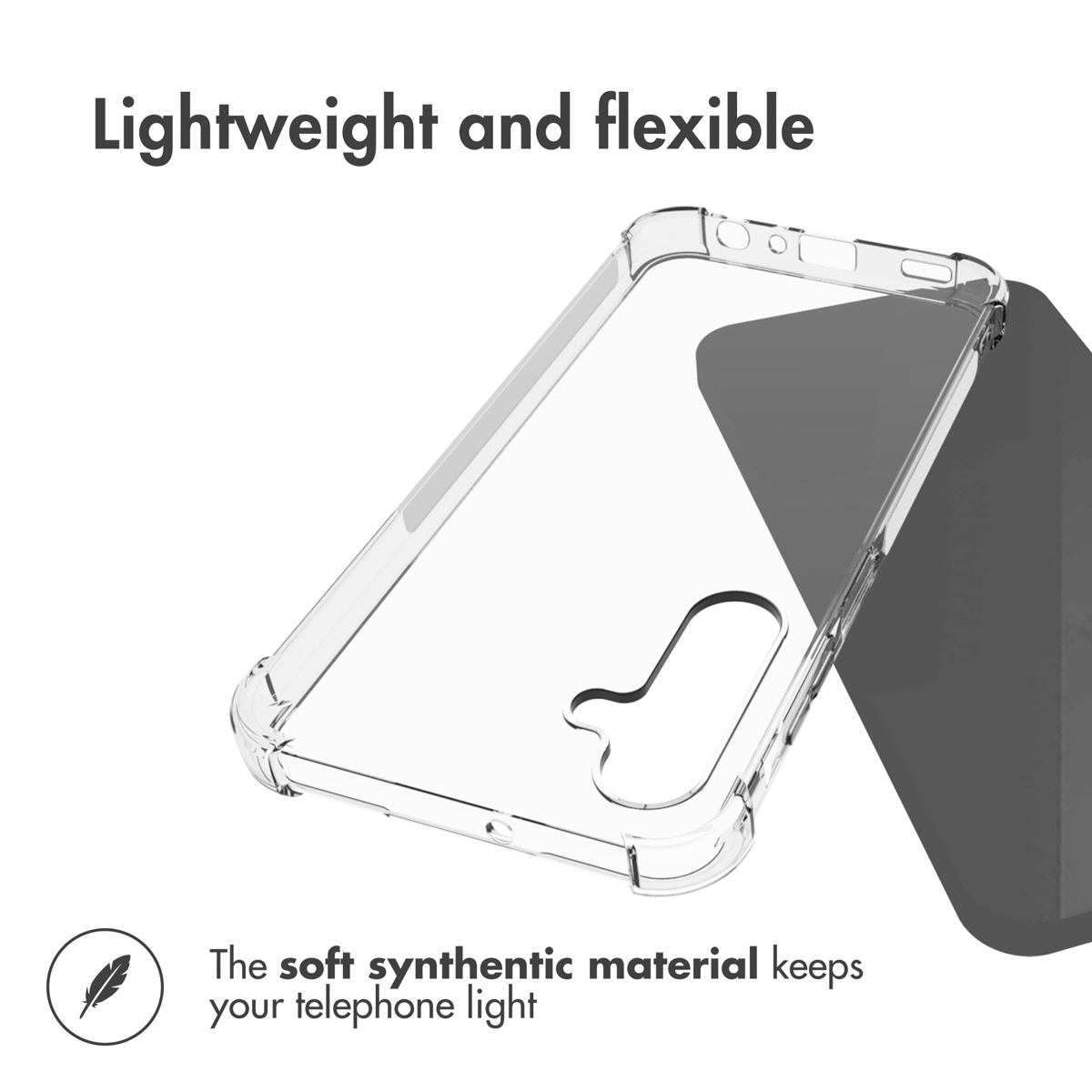 Una funda de móvil transparente y flexible junto al contorno de un teléfono oscuro.