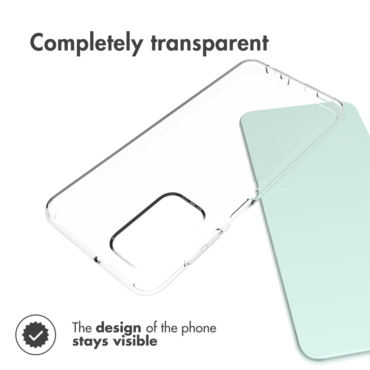 Volledig transparant smartphonehoesje getoond met een zichtbare mintgroene achtergrond.