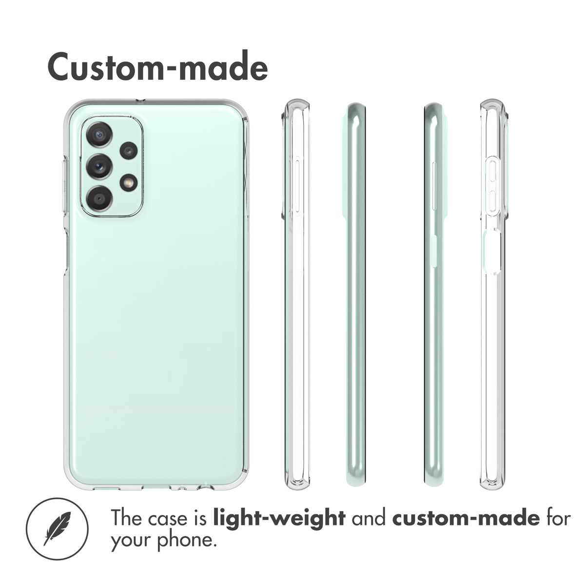 Een lichtgroene smartphonehoes getoond van voren en van alle vier de kanten met knoppen en camera.