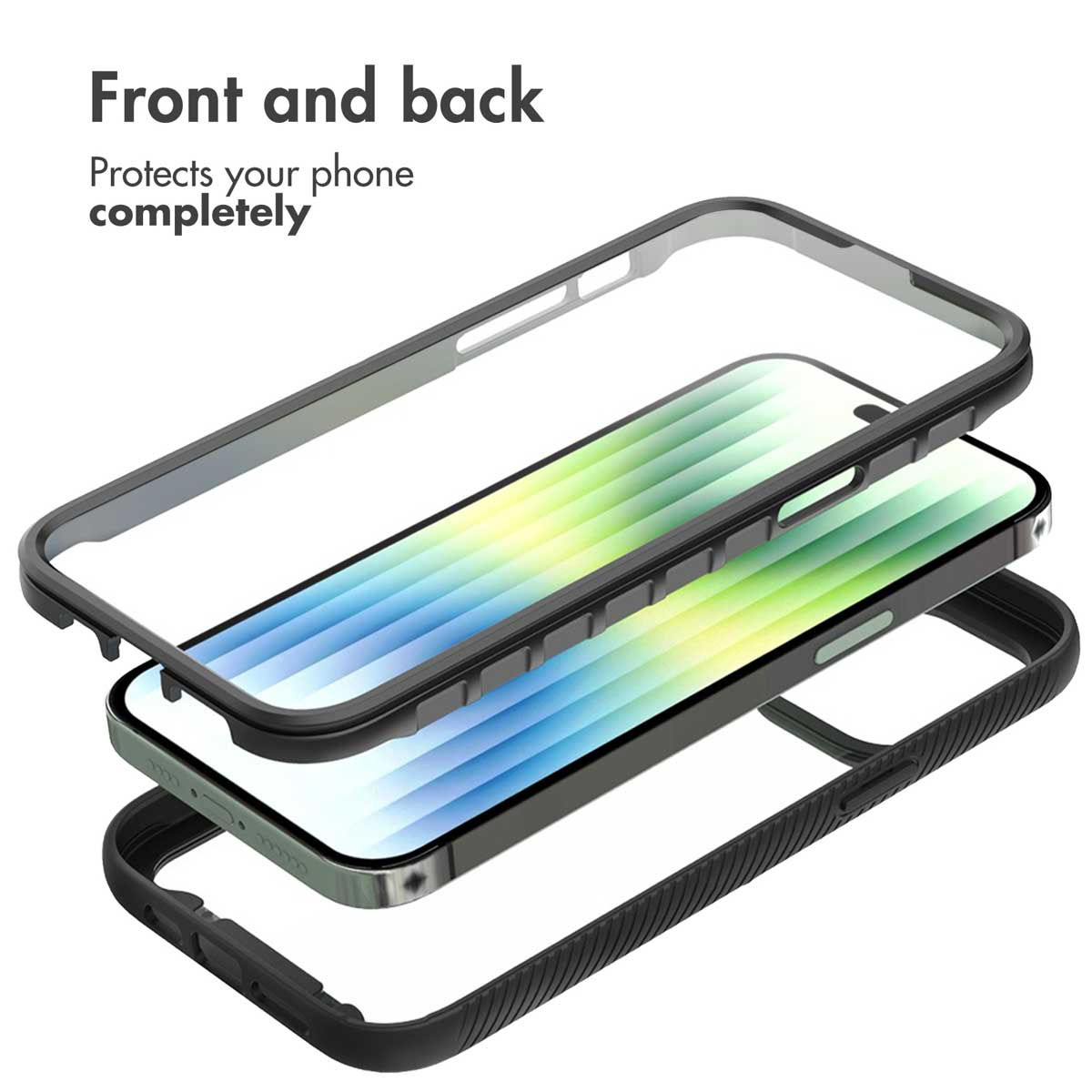 Uno smartphone con una custodia protettiva nera in due pezzi separati.