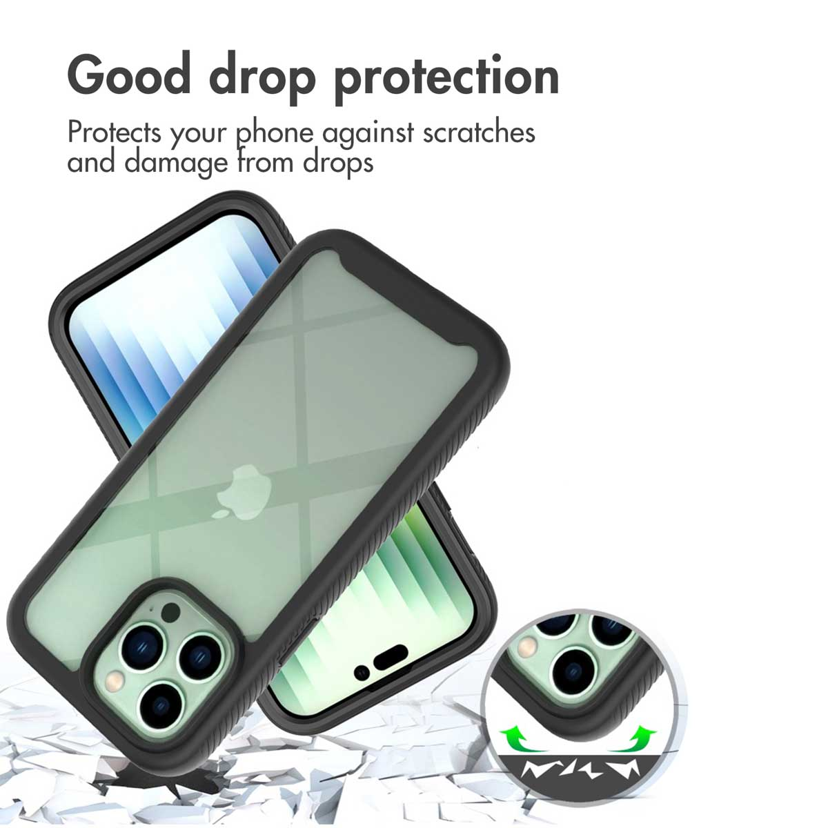 Custodia protettiva nera su un iPhone verde, che mostra la protezione dalle cadute.
