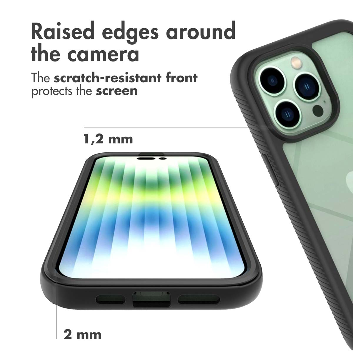 Smartphone in custodia protettiva che evidenzia i bordi rialzati.