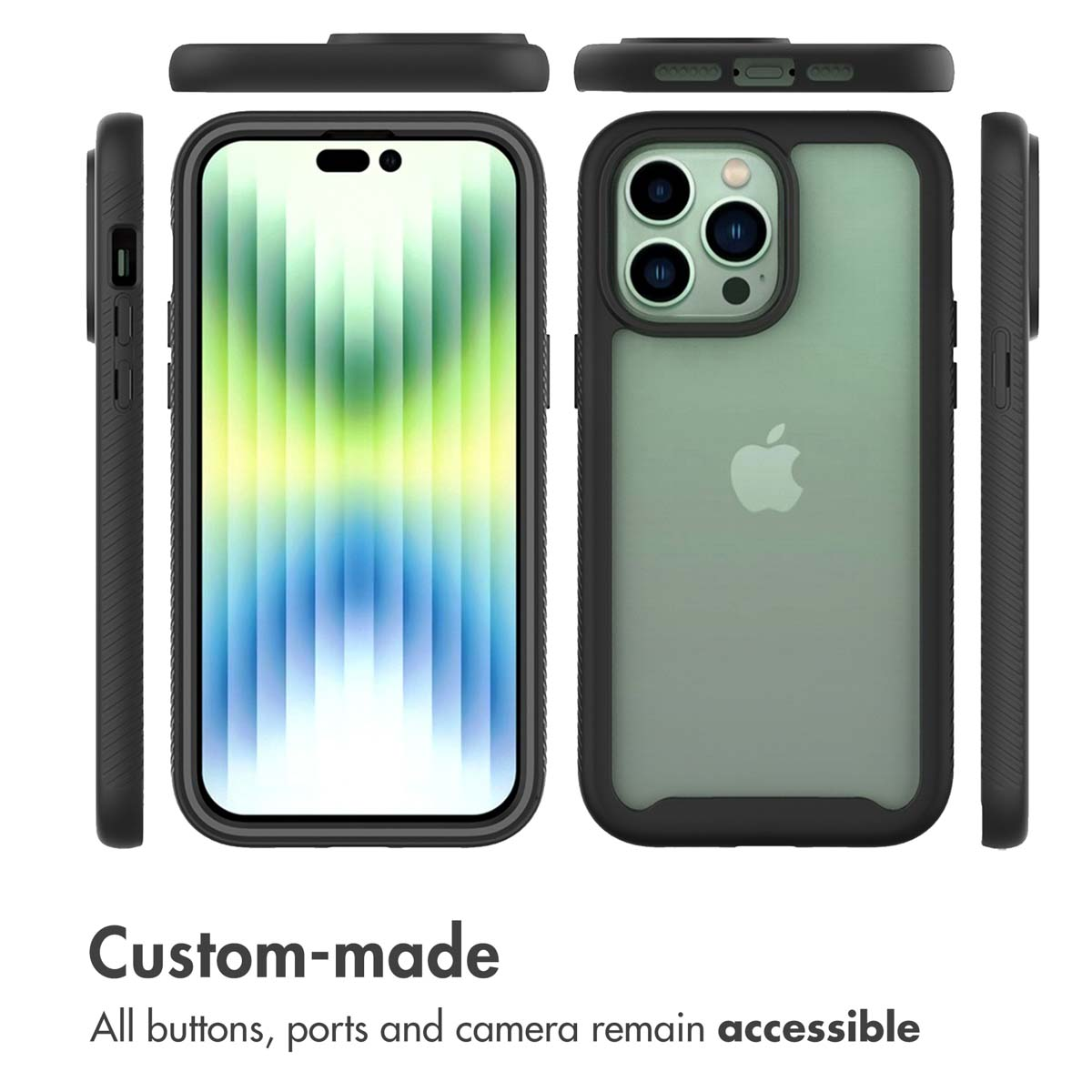 Custodia protettiva nera per uno smartphone con retro verde mostrata da più angolazioni.