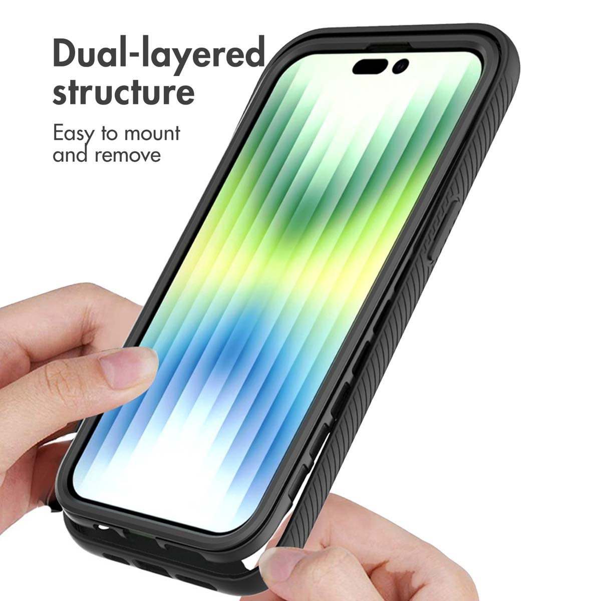 Mani tengono uno smartphone con custodia nera. Il testo a sinistra promuove il facile montaggio.