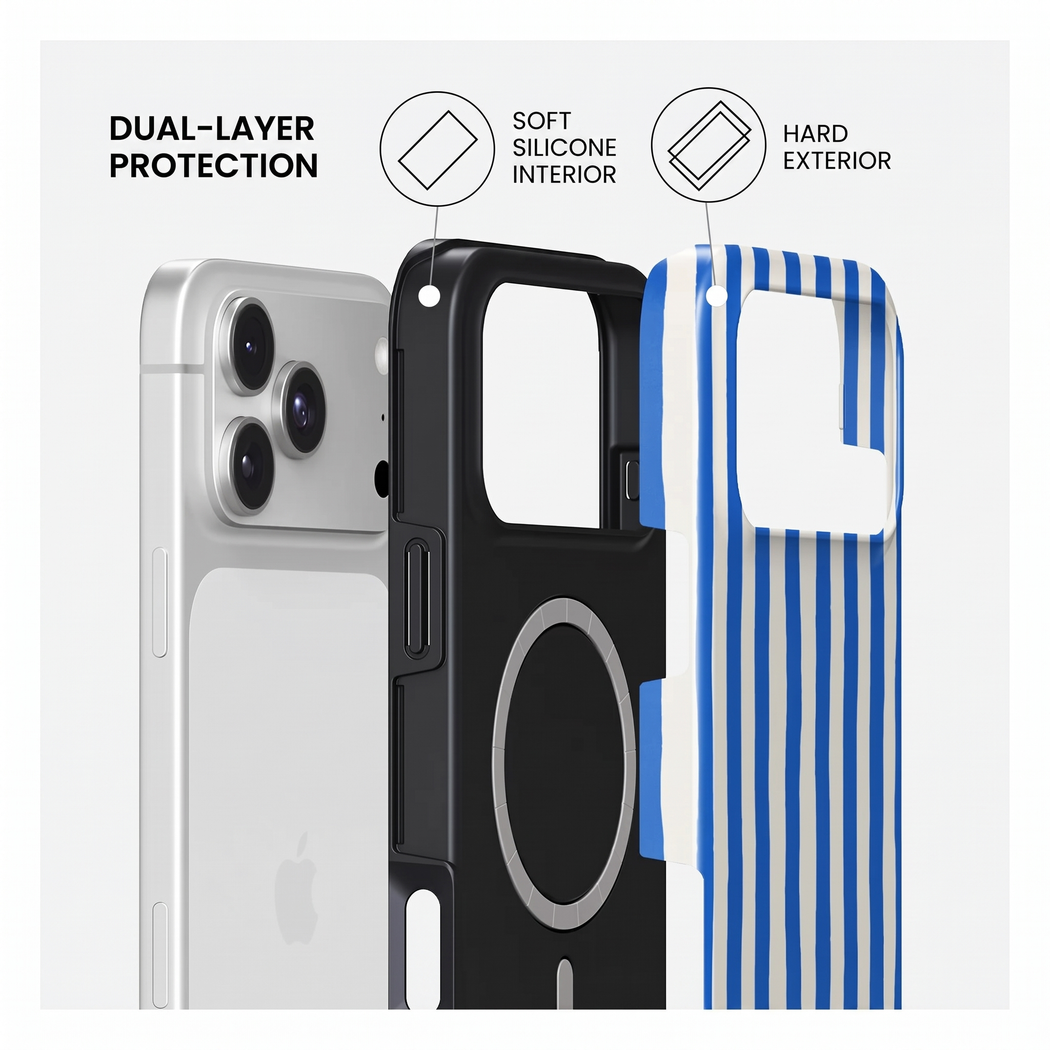 Schéma montrant une protection double couche avec intérieur en silicone souple et extérieur rigide à rayures.