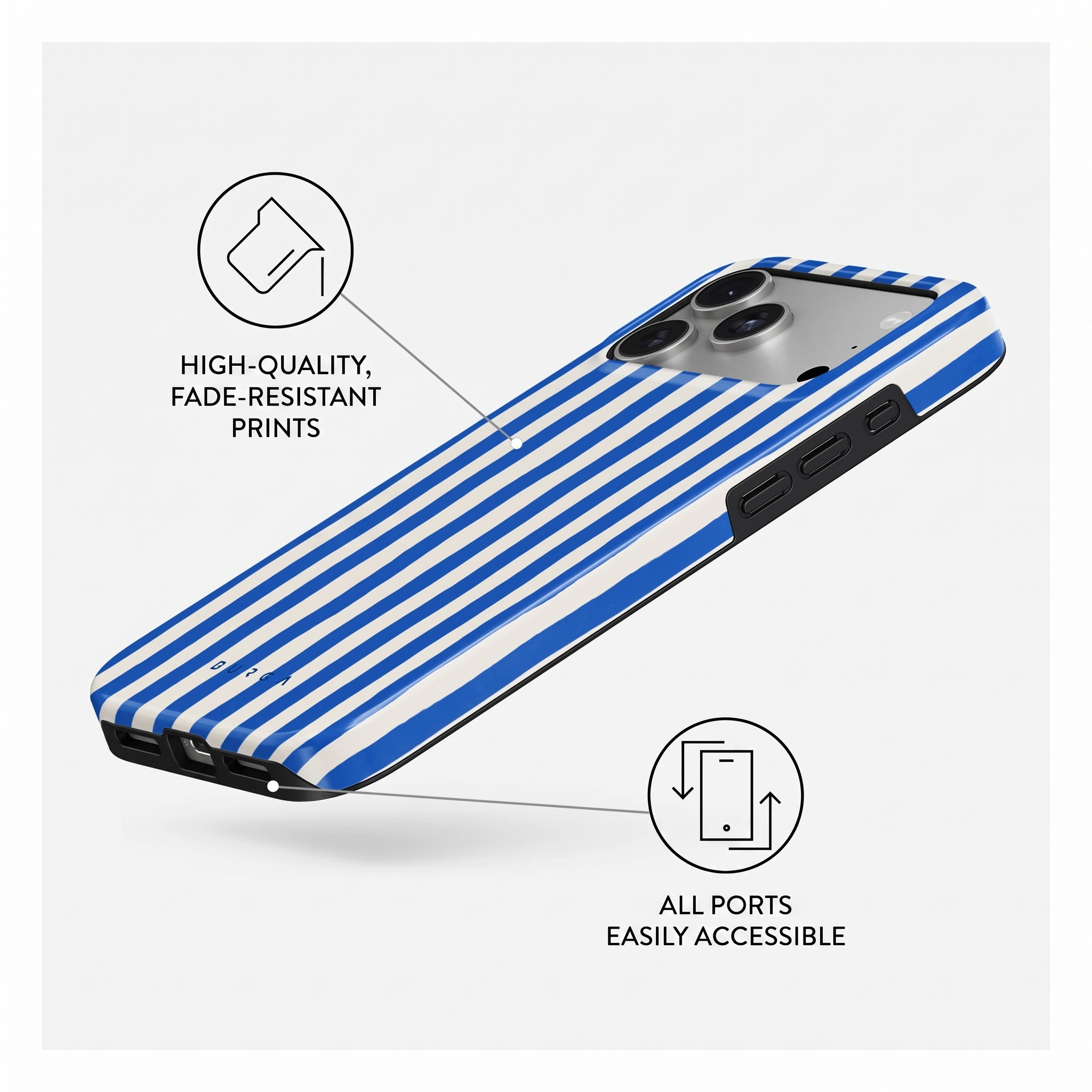 Un smartphone avec coque rayée bleu et blanc, avec icônes pour impression résistante et ports accessibles.