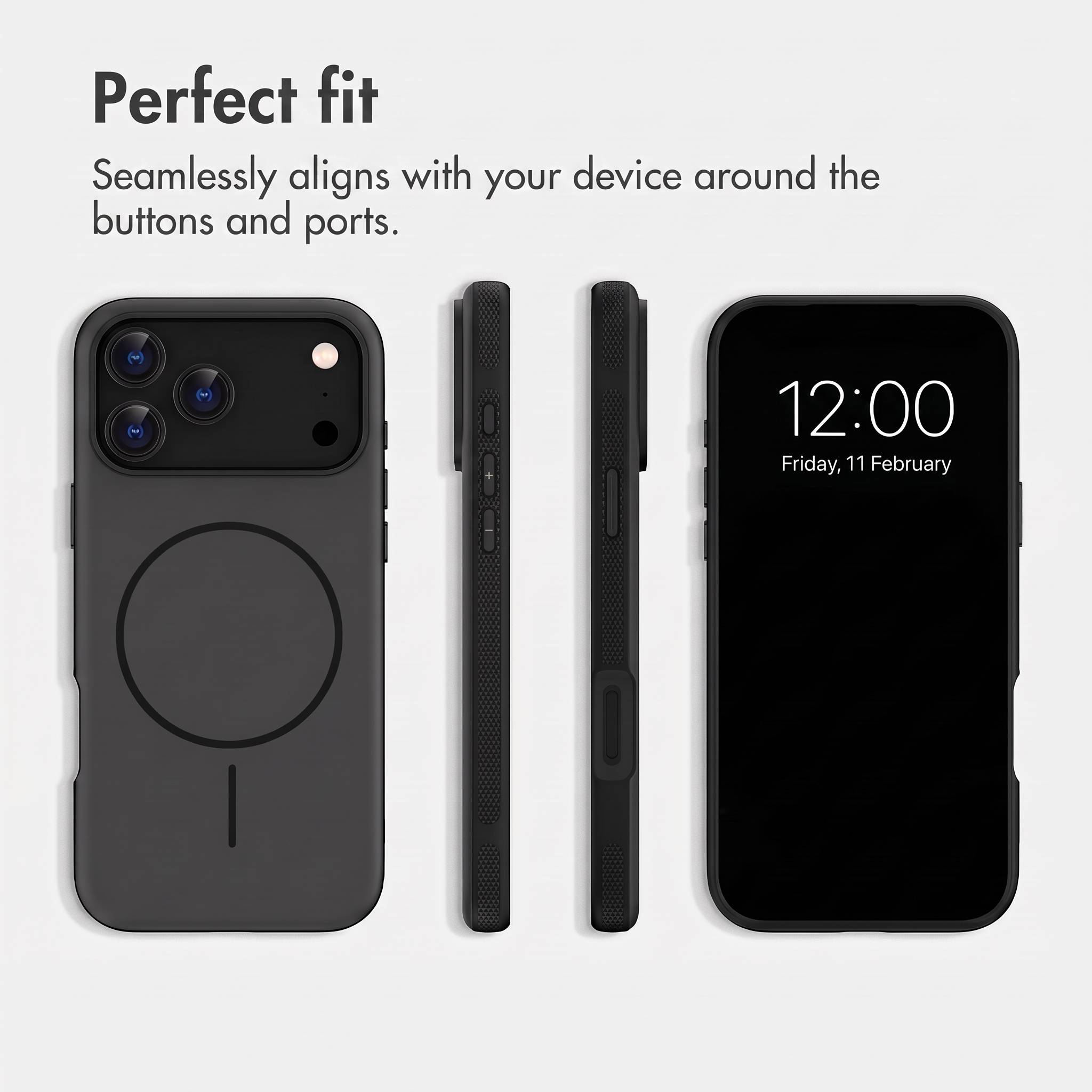 Quattro viste di una cover nera per smartphone che mostra l'allineamento con pulsanti e porte.
