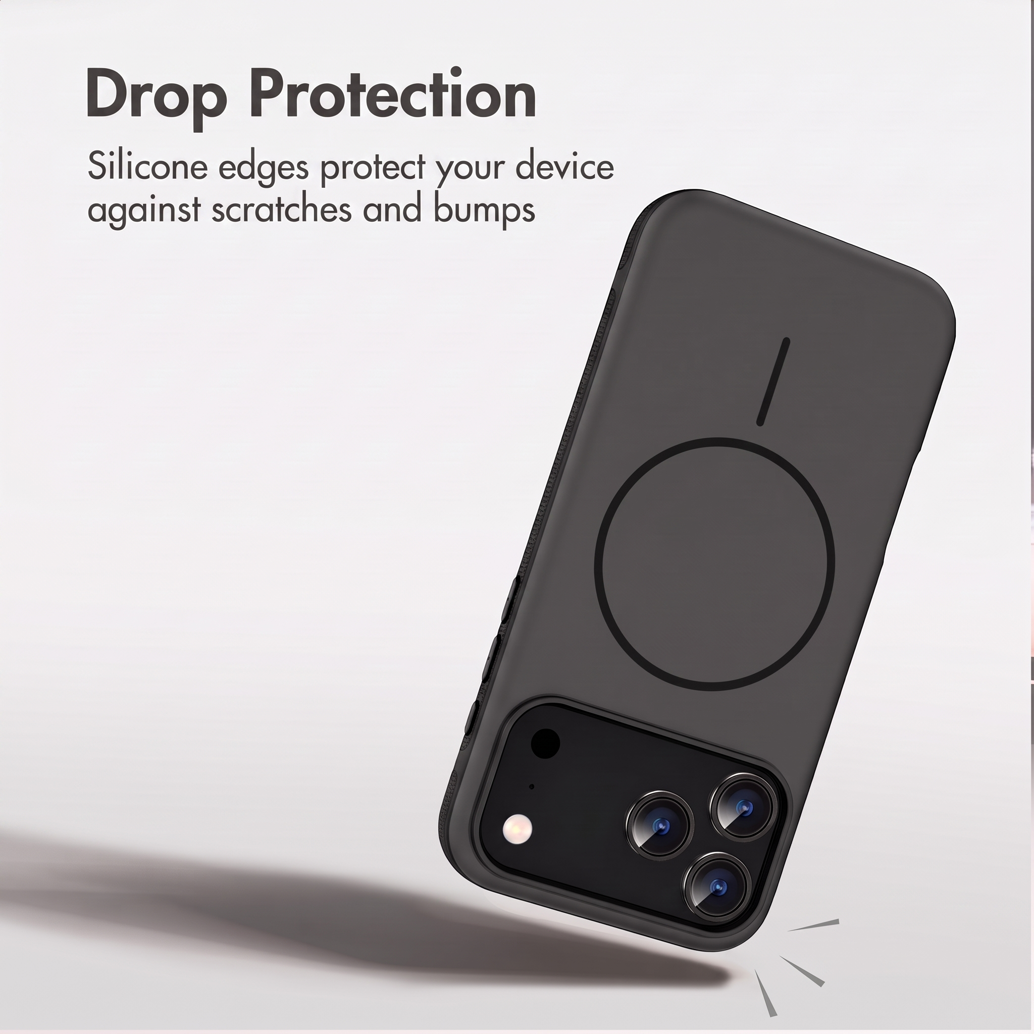 Uno smartphone nero con cover protettiva cade su una superficie chiara. Testo: Drop Protection.