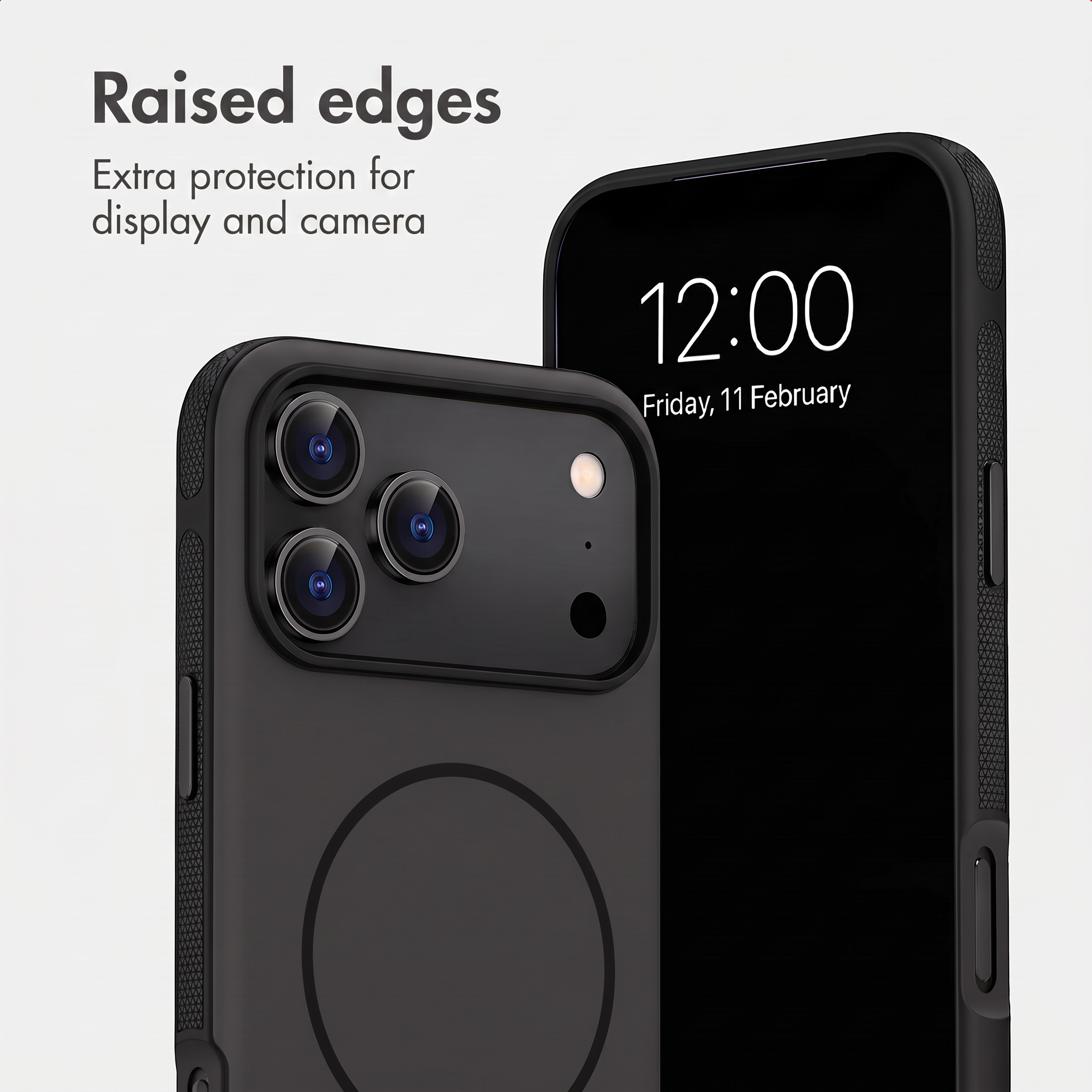 Custodia nera per telefono con bordi rialzati per proteggere display e fotocamera.