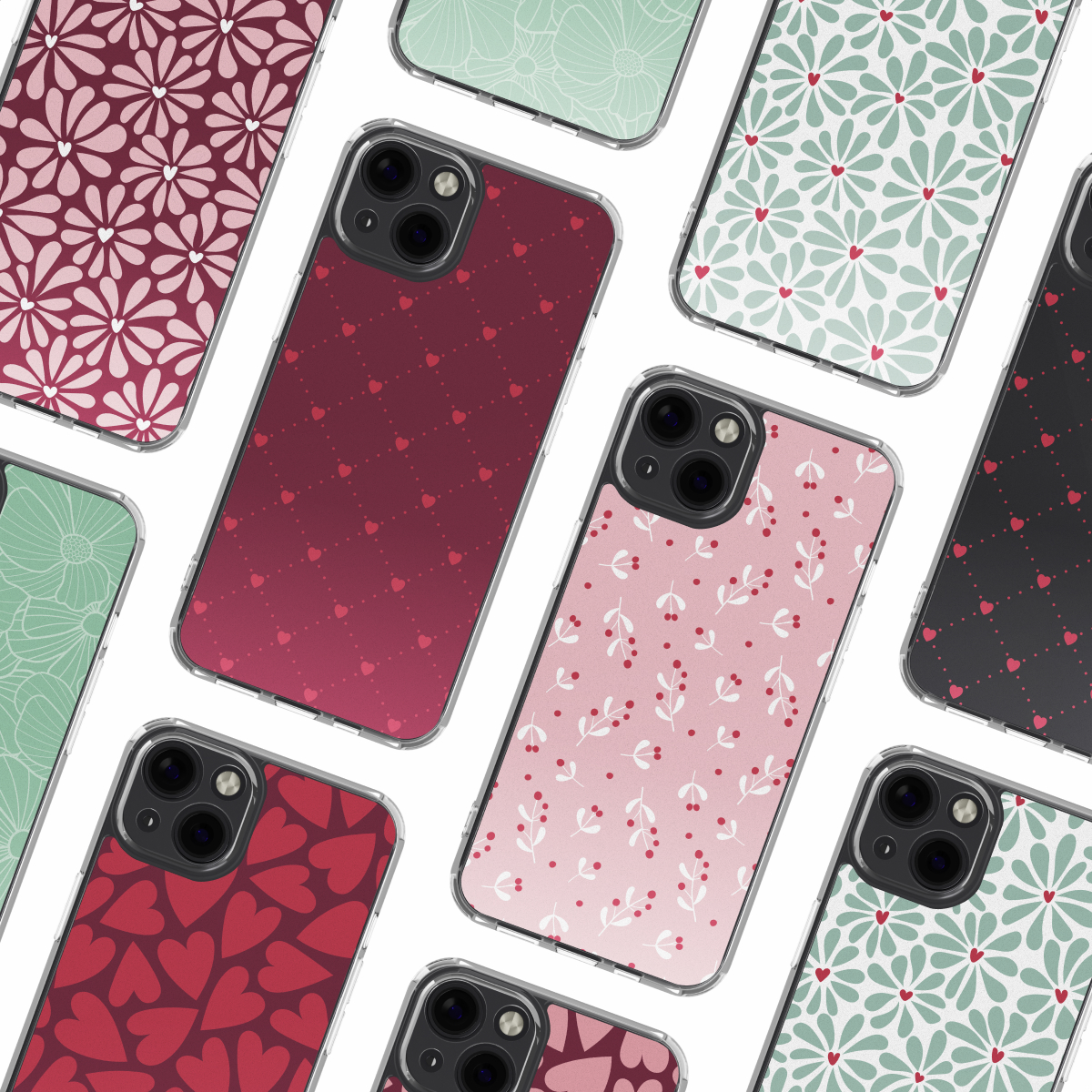 Diverses coques de téléphone avec des motifs colorés de cœurs et de fleurs sur fond blanc.