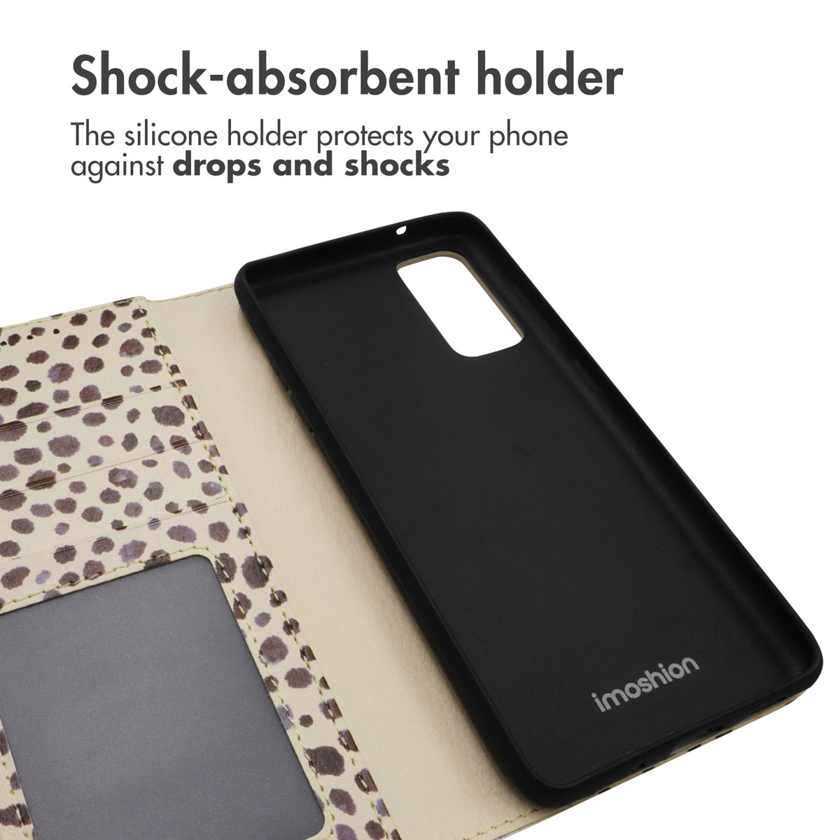Una funda de móvil abierta con estampado de leopardo y soporte interior de silicona negra.