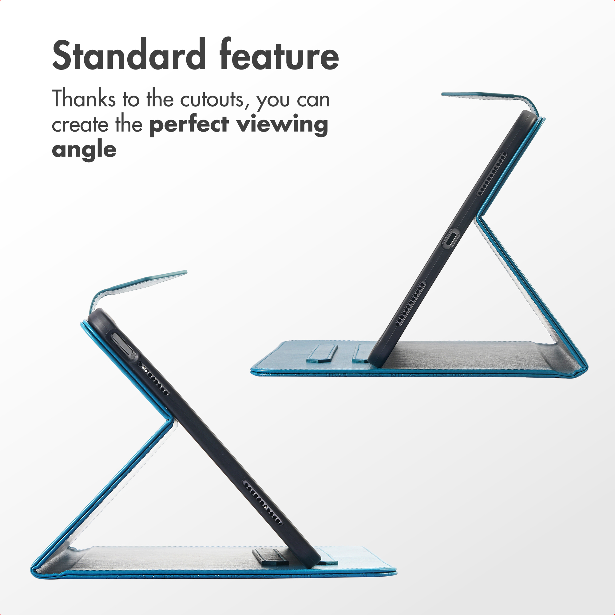 Deux étuis de tablette bleus montrant différents angles de vue réglables sur fond blanc avec du texte.