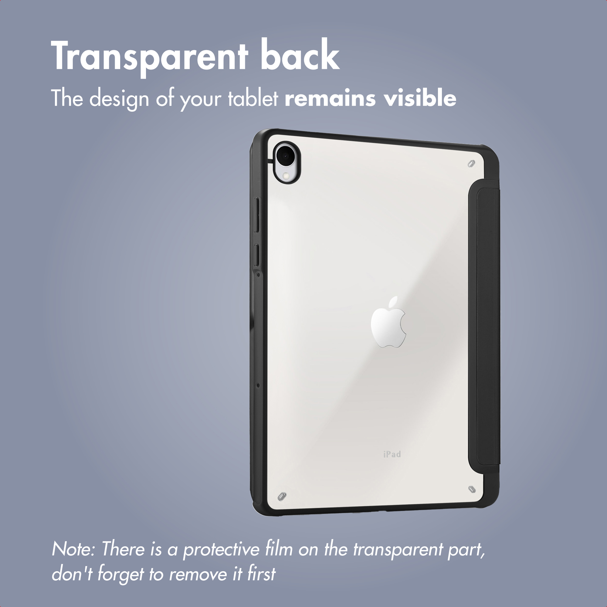 Transparent tablet case with black frame and visible Apple logo on a blue background.