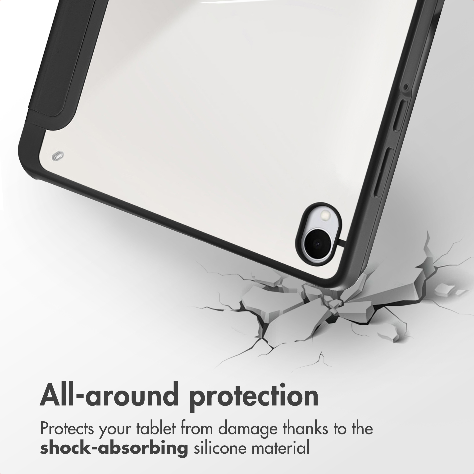 A tablet in a protective case hovers above a cracked floor. Text: All-around protection.