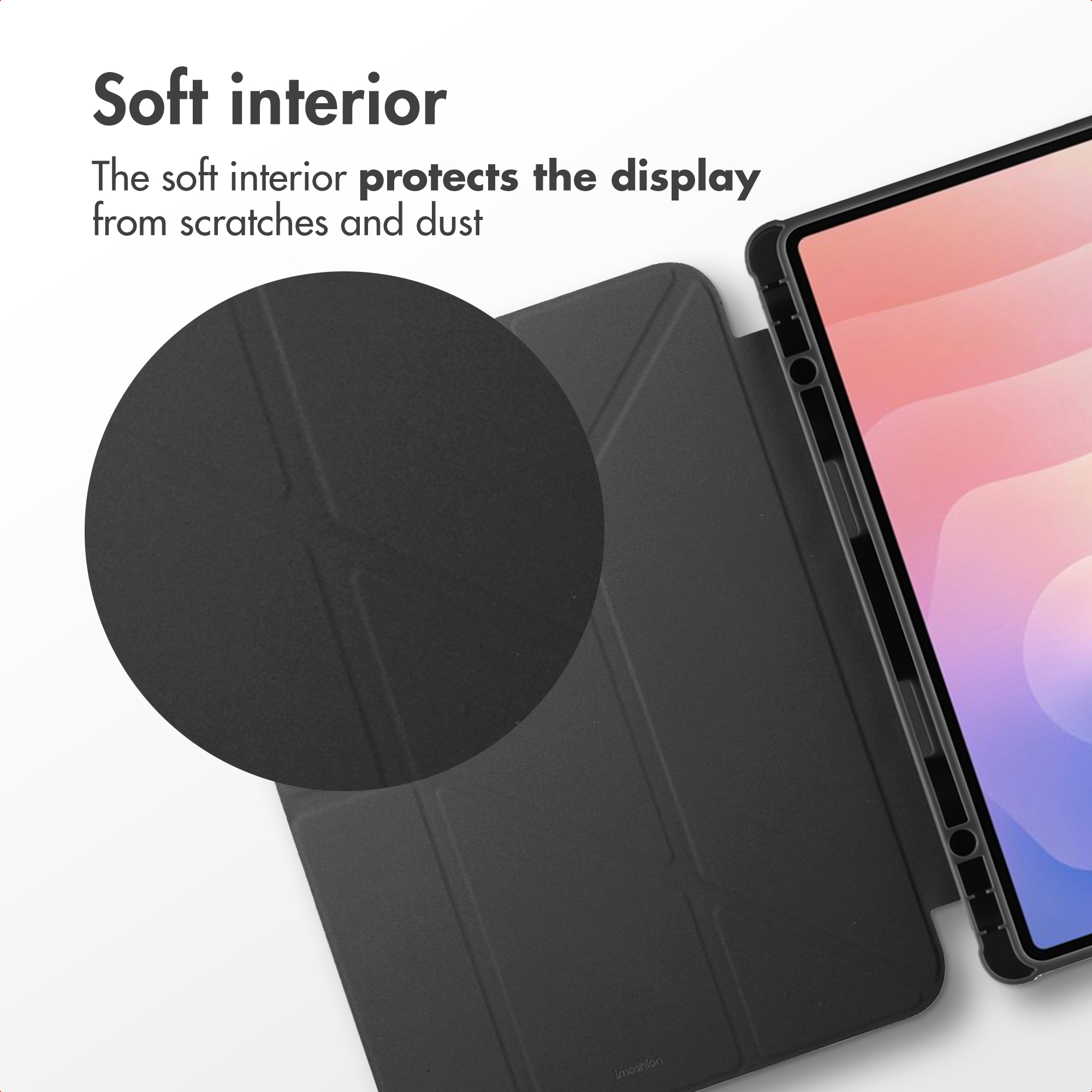 A black tablet case with a soft interior protecting against scratches and dust.