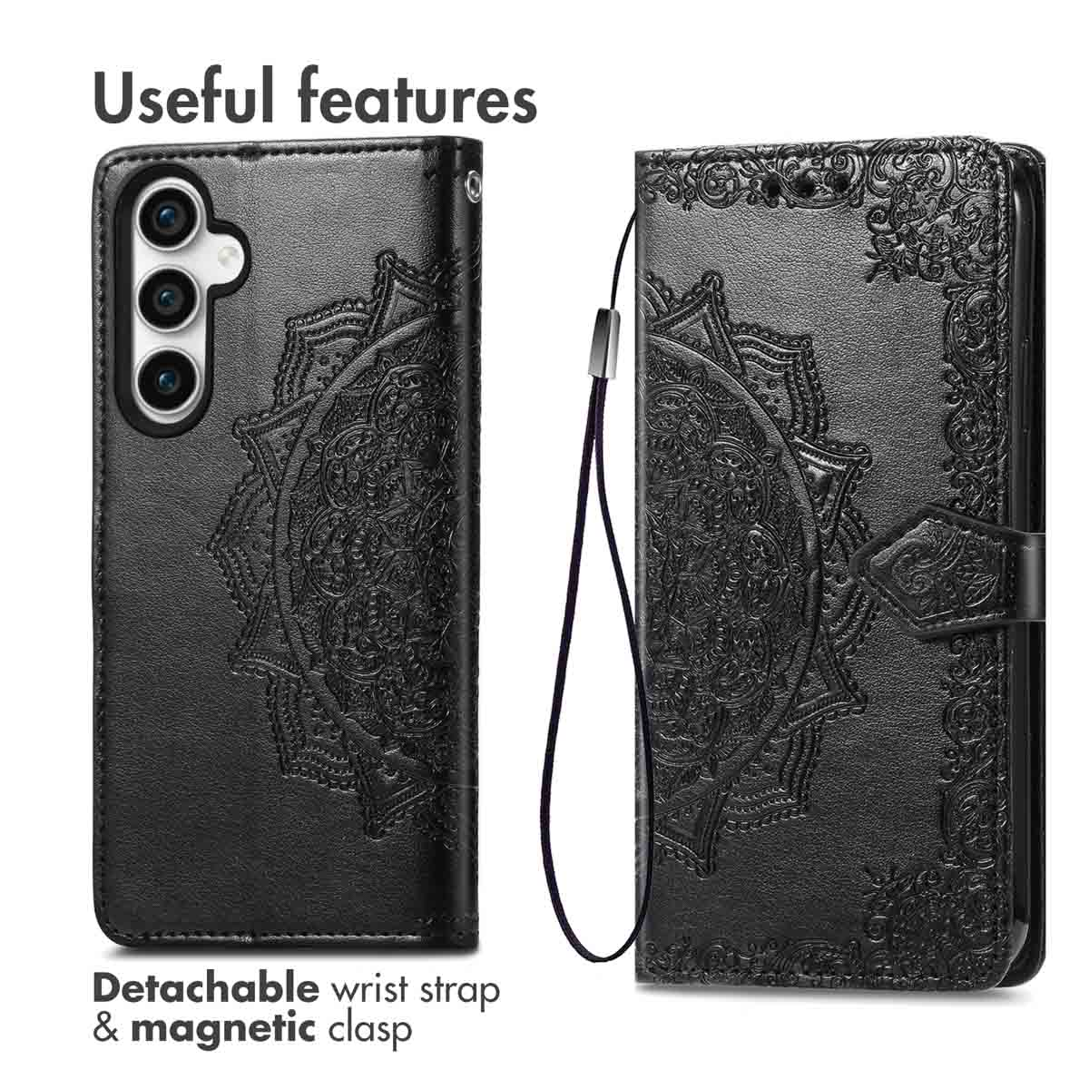 Funda de cuero negro con patrón de mandala, correa de muñeca y cierre magnético.