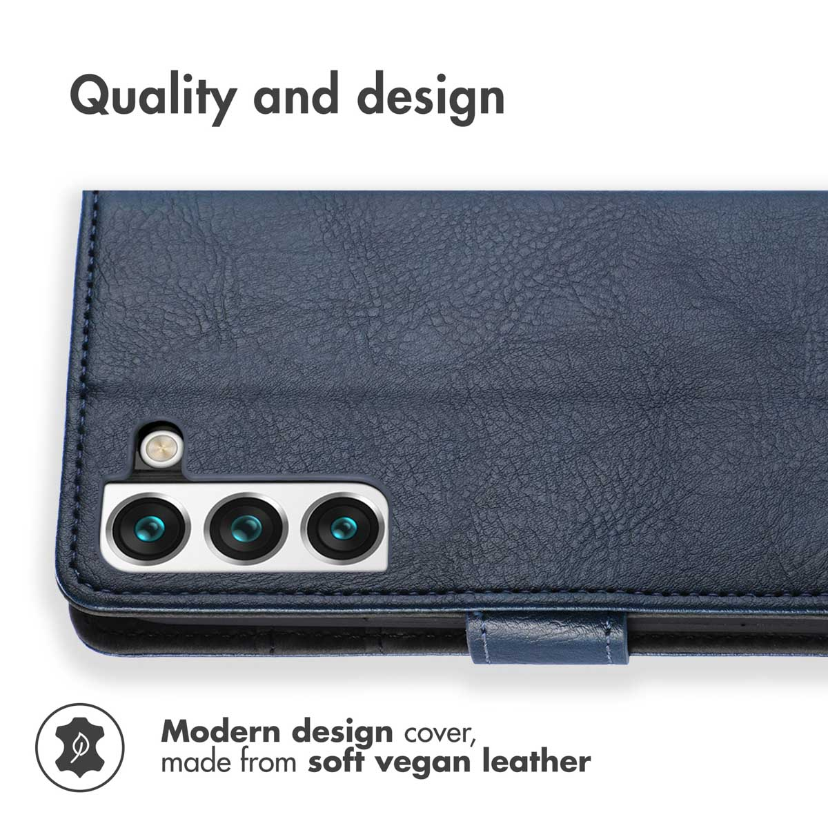 Coque de téléphone en cuir végétalien bleu avec découpe pour appareil photo.
