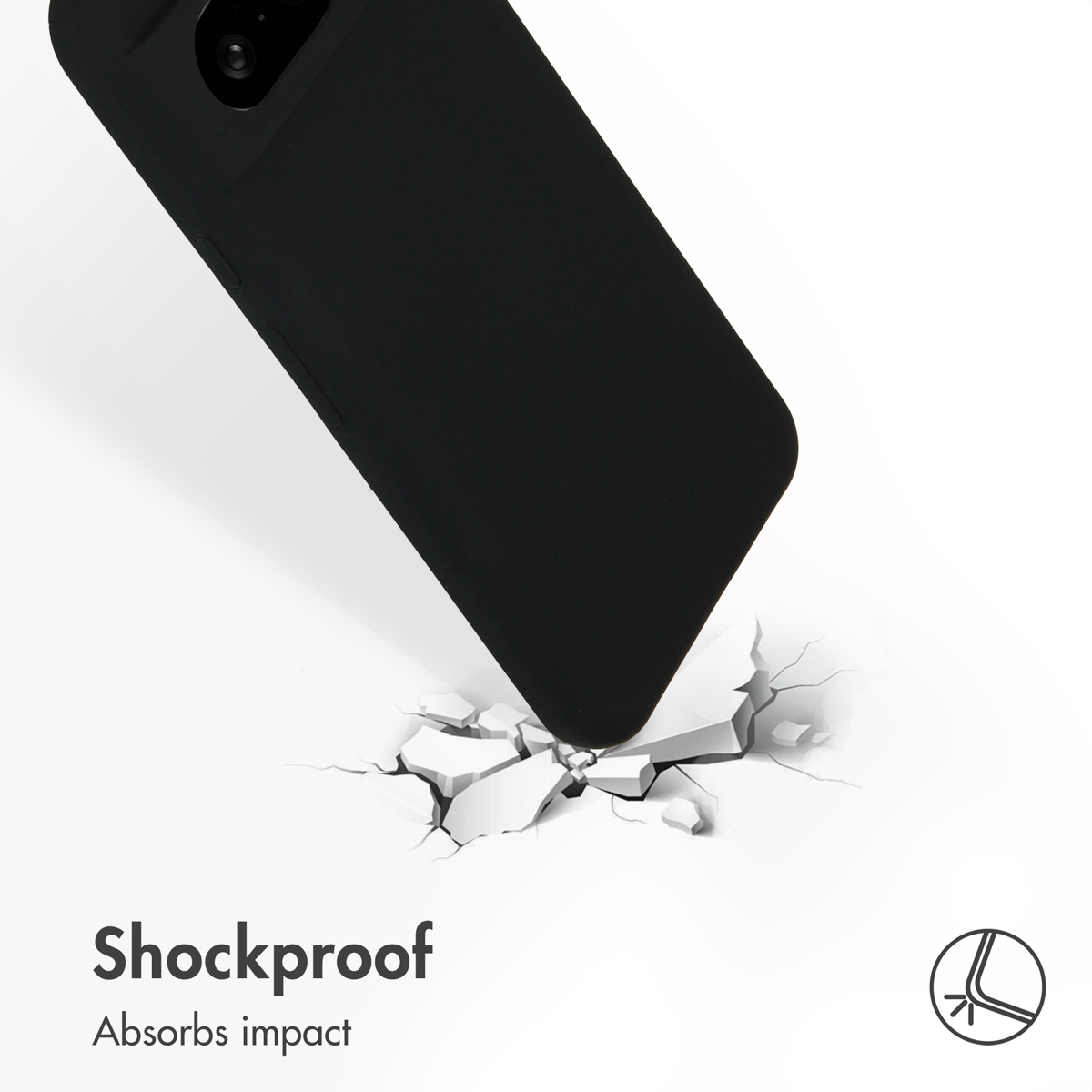 Czarny smartfon uderza i rozbija białą powierzchnię, z napisem Shockproof.
