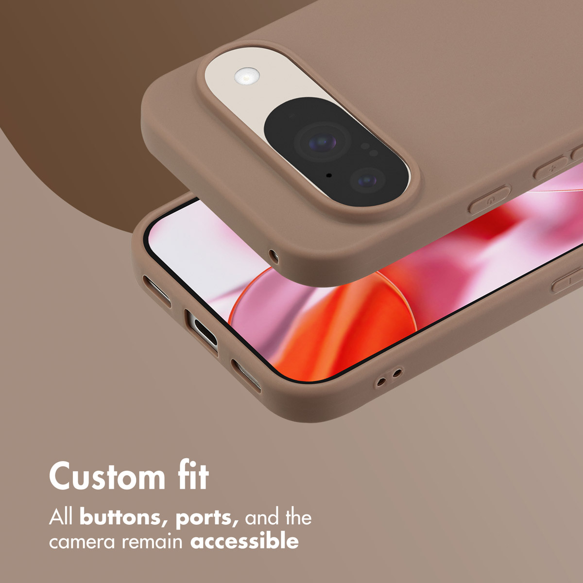 Un smartphone marrón en una funda protectora a juego con recortes de cámara visibles.