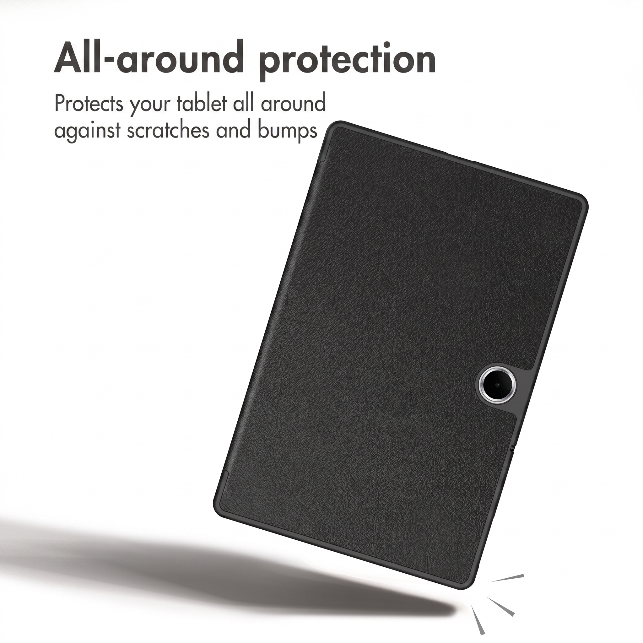 Black protective tablet case with camera cutout and text for all-around protection.