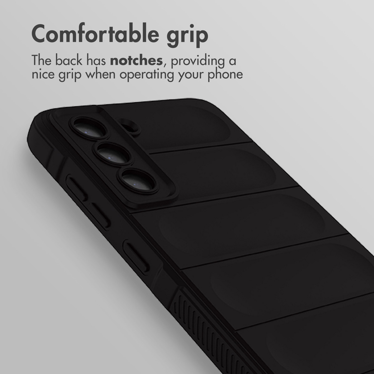 Eine schwarze Smartphone-Hülle mit strukturierten Rillen auf der Rückseite für einen besseren Halt.