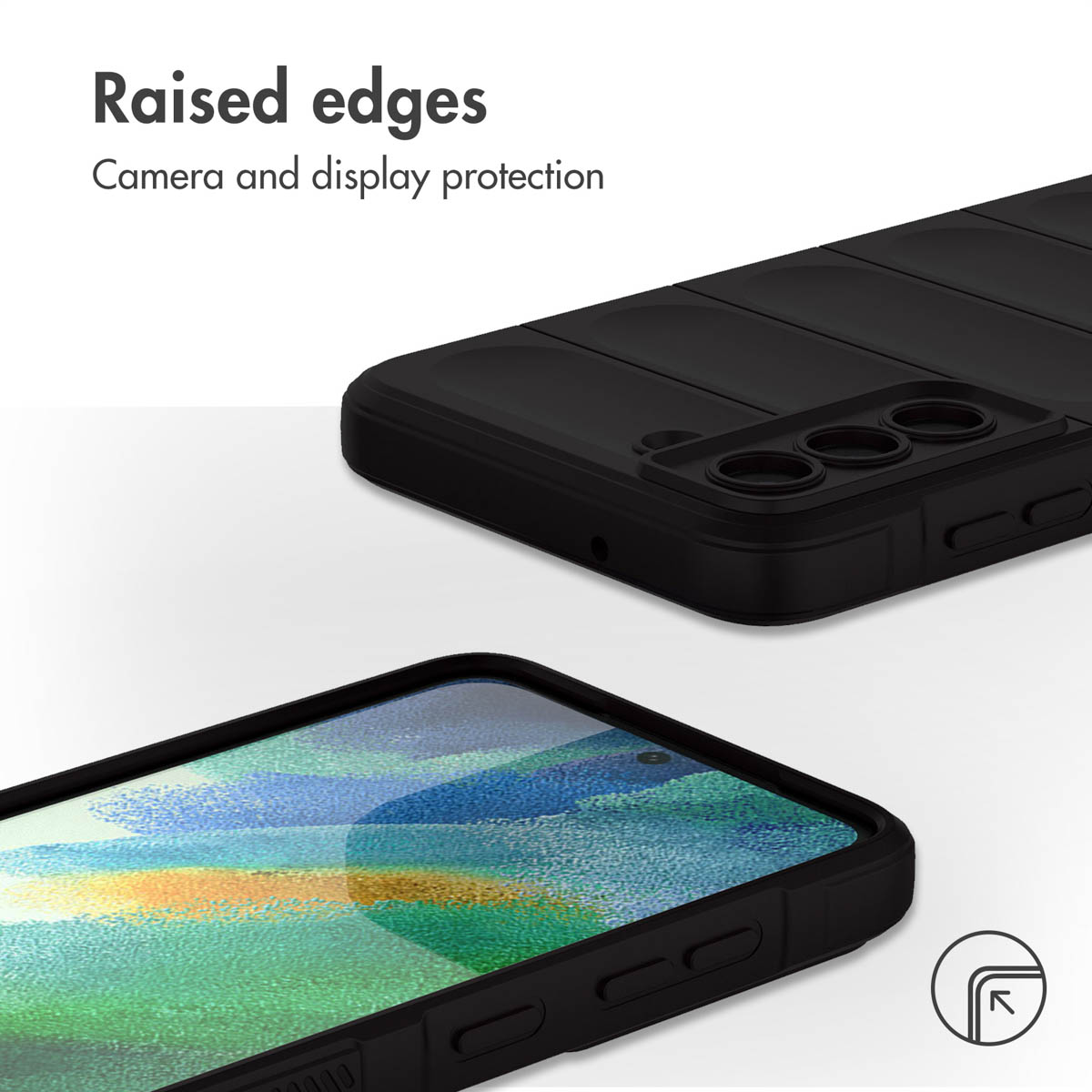 Erhöhte Ränder bieten Kamera- und Display-Schutz für ein schwarzes Smartphone.